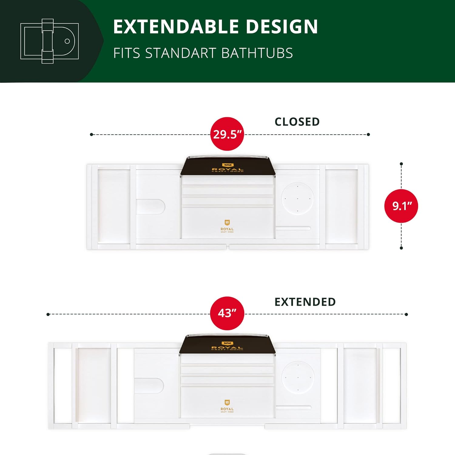 ROYAL CRAFT WOOD Foldable Bathtub Tray Caddy Bamboo Bathtub Tray Expandable, Bath Tub Table Caddy with Extending Sides - Free Soap Dish