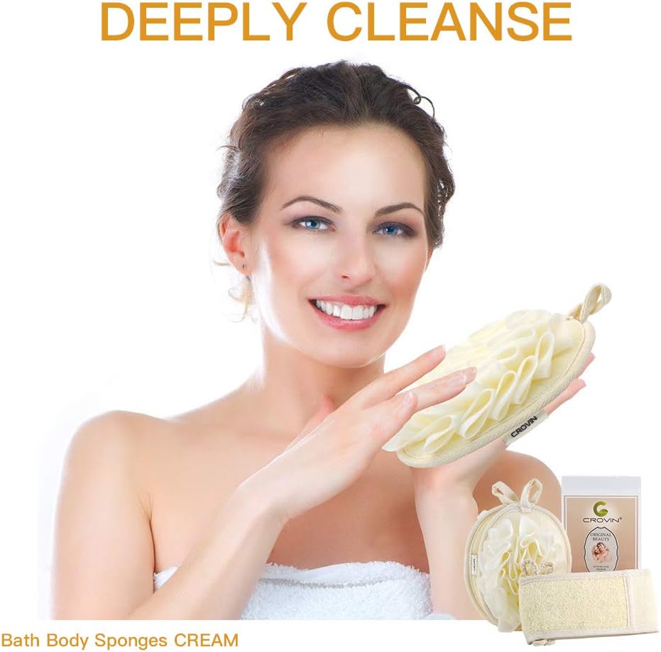 CROVIN Shower Puff 4 Pack Bath Sponge Shower Loofahs Pouf Large 7x5 Premium Exfoliating Mesh Puffs for Men and Women-Elastic Hand Strap Body Brush to Soothe, Cleanse Your Skin