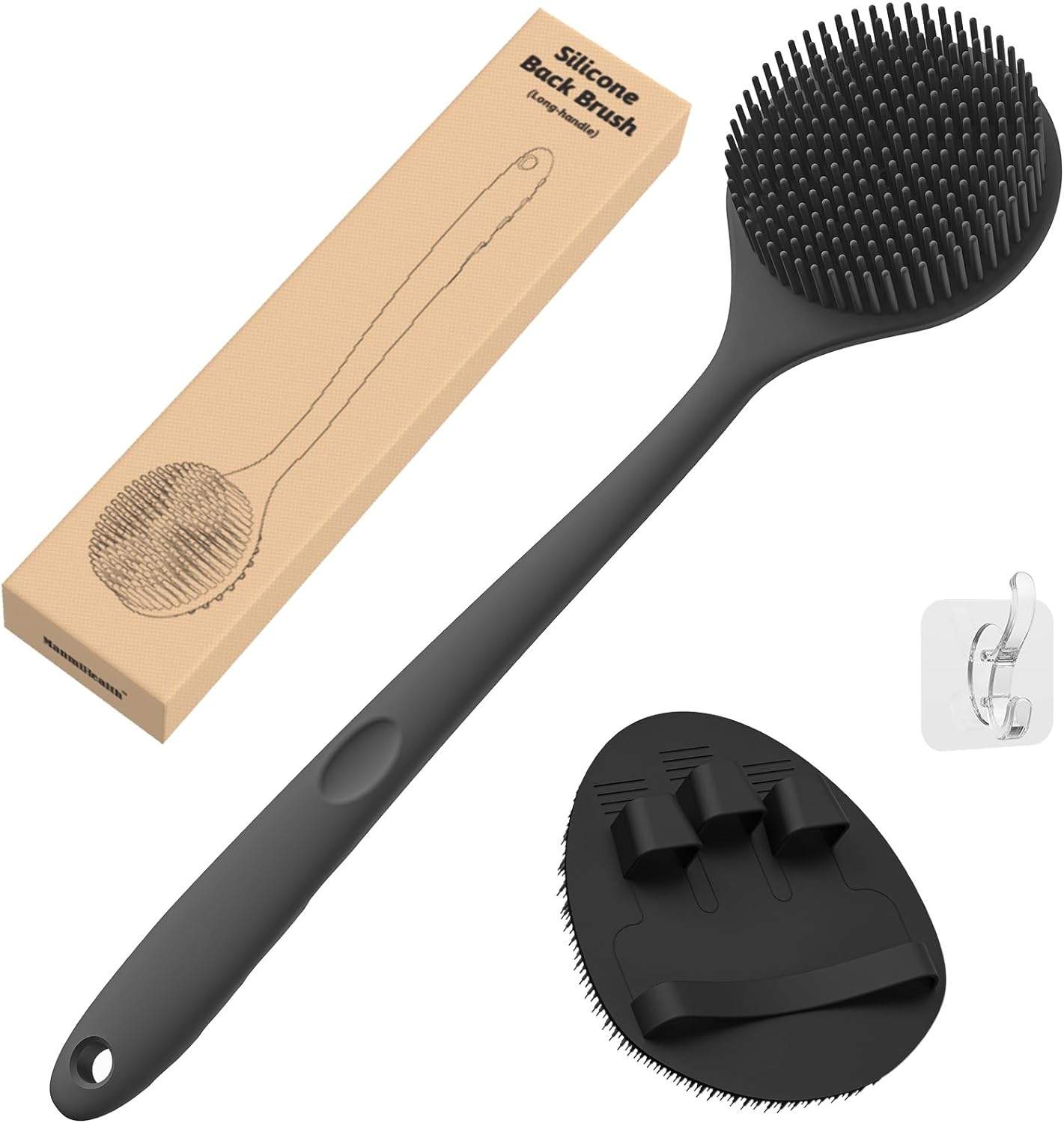 Manmihealth Silicone Back Scrubber(Thick Bristles) & Soft Bath Glove Set, Super-Exfoliating Body Scrubber & Super-Lathering Shower Brush Combination, with a Free Hook.(Black)
