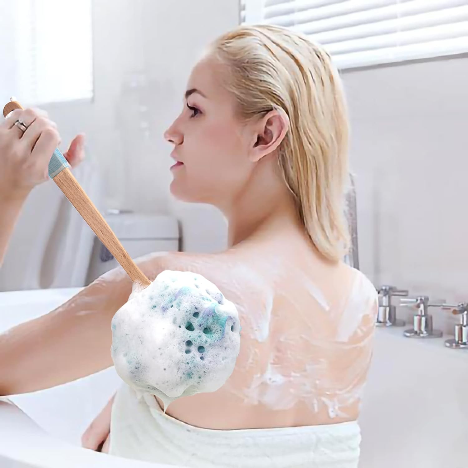 AmazerBath Shower Sponge Loofah Back Scrubber, PE Soft Mesh Loofah Body Scrubber with Long Wooden Handle, Bath Sponge for Men Women (Pink)