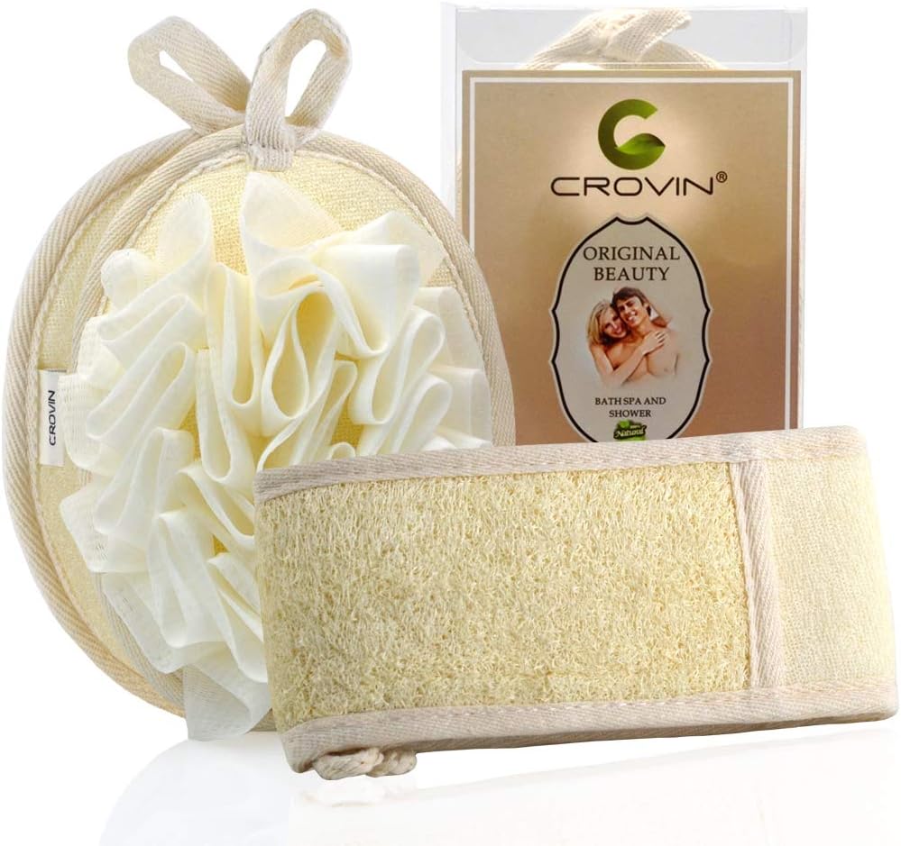 CROVIN Shower Puff 4 Pack Bath Sponge Shower Loofahs Pouf Large 7x5 Premium Exfoliating Mesh Puffs for Men and Women-Elastic Hand Strap Body Brush to Soothe, Cleanse Your Skin