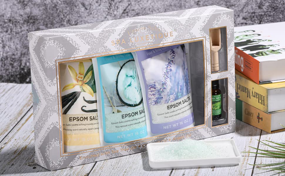 Epsom Salts for Soaking, Spa Luxetique Bath Salts for Women Relaxing Gifts Set with Lavender, Vanilla and Coconut Scent Bath Set with Tea Tree Oil Gifts for Mom Christmas Gifts