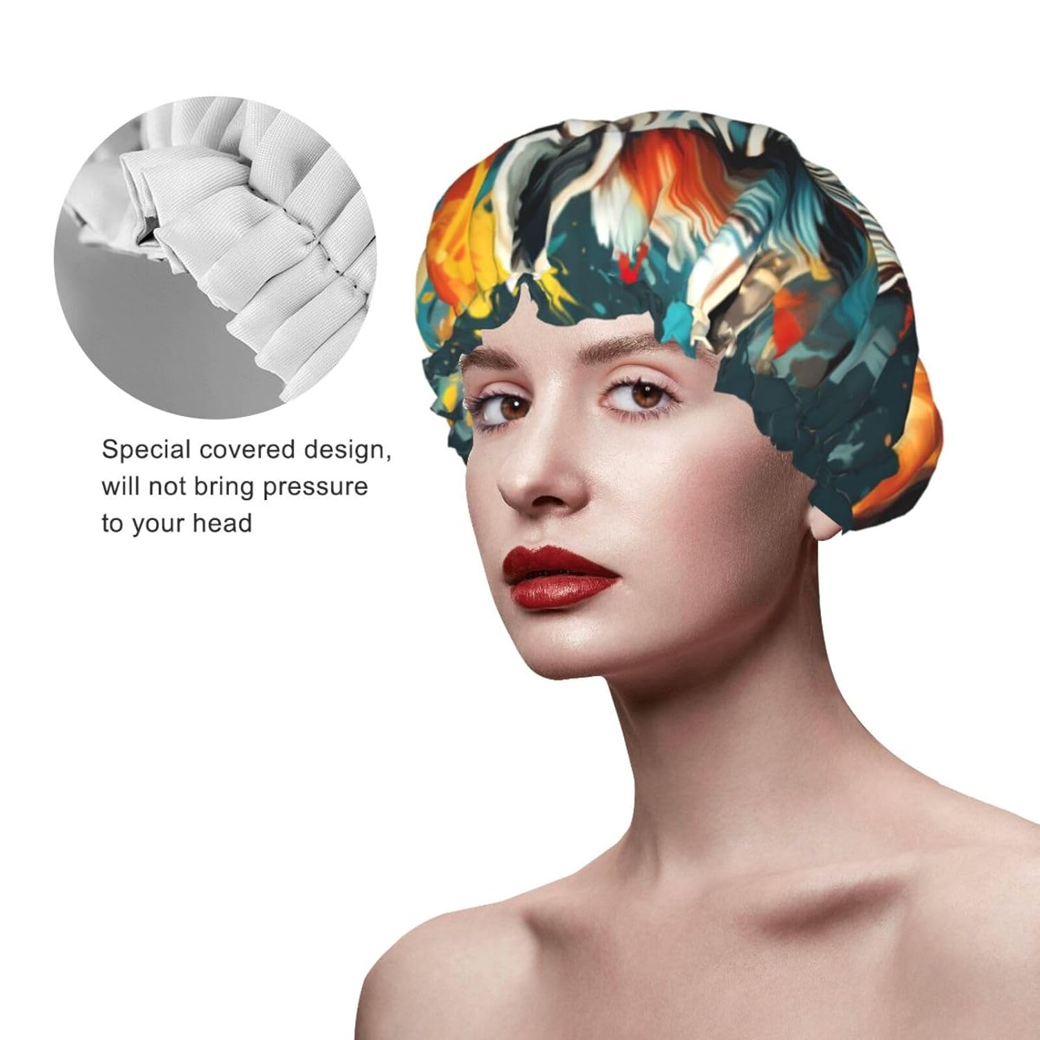 Ice Hockey print Print Reusable Shower Cap for Women,Double Waterproof Layers Bathing Hat,Quick Drying Bath Hair Cap