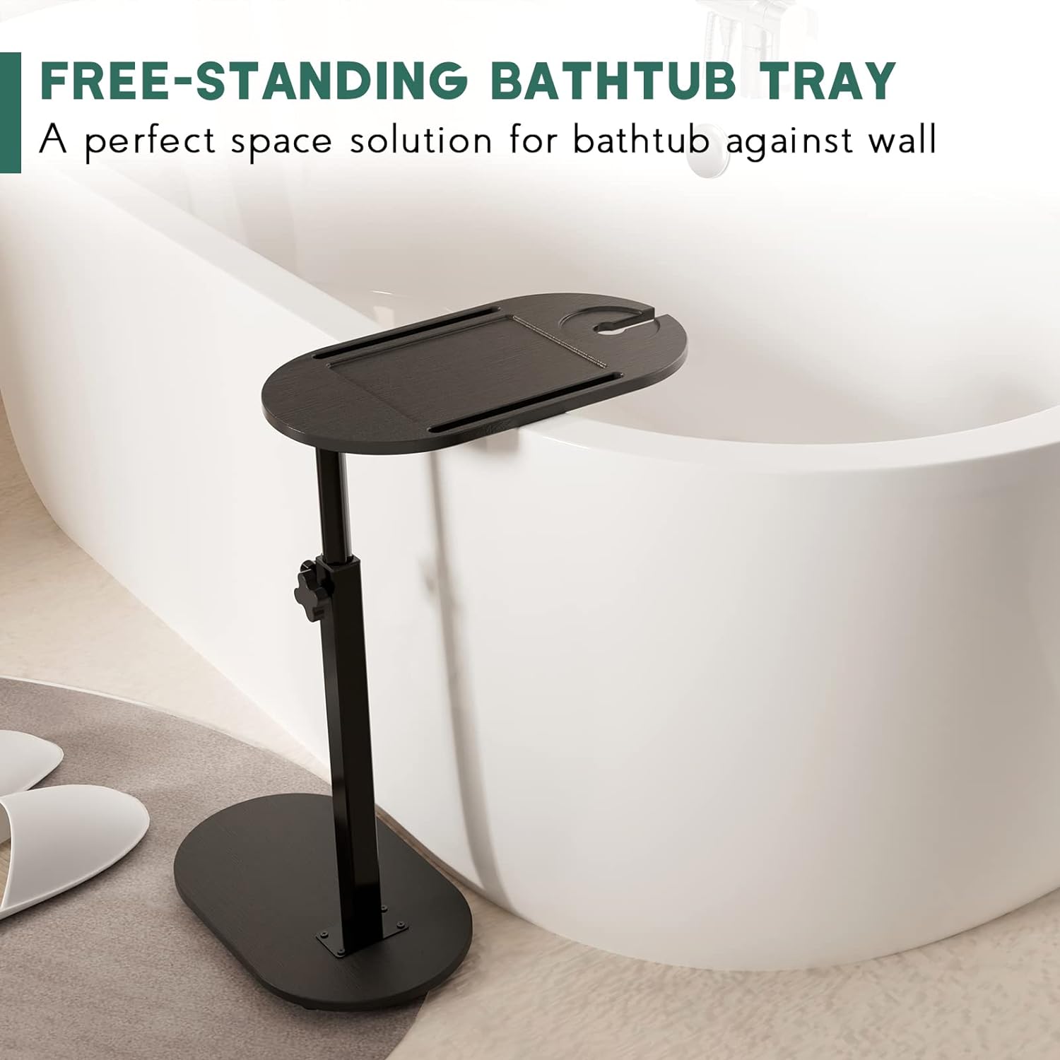 Yumkfoi Bamboo Bathtub Tray Table with Adjustable Height, Freestanding Bathtub Caddy for Tub Against Wall, Tub Organizer Suitable for Luxury Spa and House Warming Gift - Patent Protected (Black)