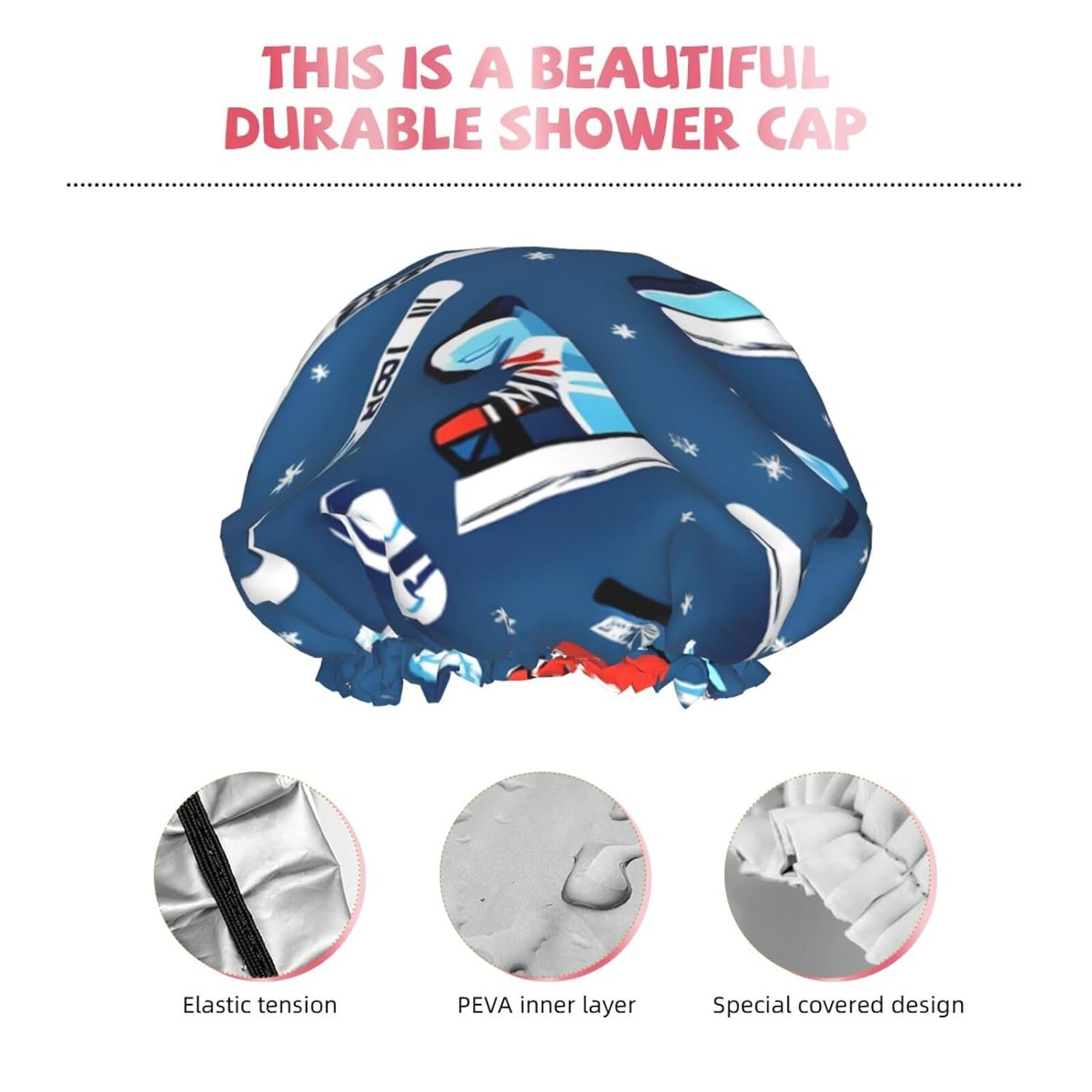 Ice Hockey print Print Reusable Shower Cap for Women,Double Waterproof Layers Bathing Hat,Quick Drying Bath Hair Cap