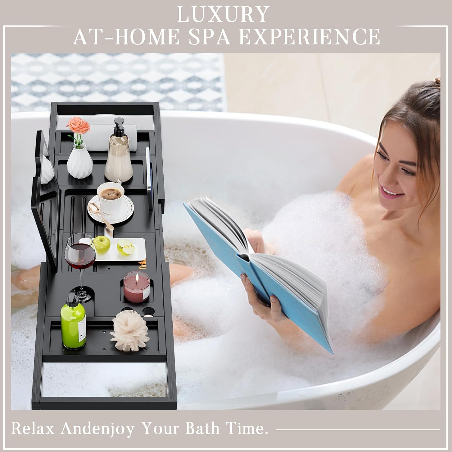 Yirilan Premium Bathtub Tray Caddy - Expandable Bath Tray - Unique House Warming Gifts, New Home, Anniversary & Wedding Gifts for Couple, Bridal Shower Gift for Women