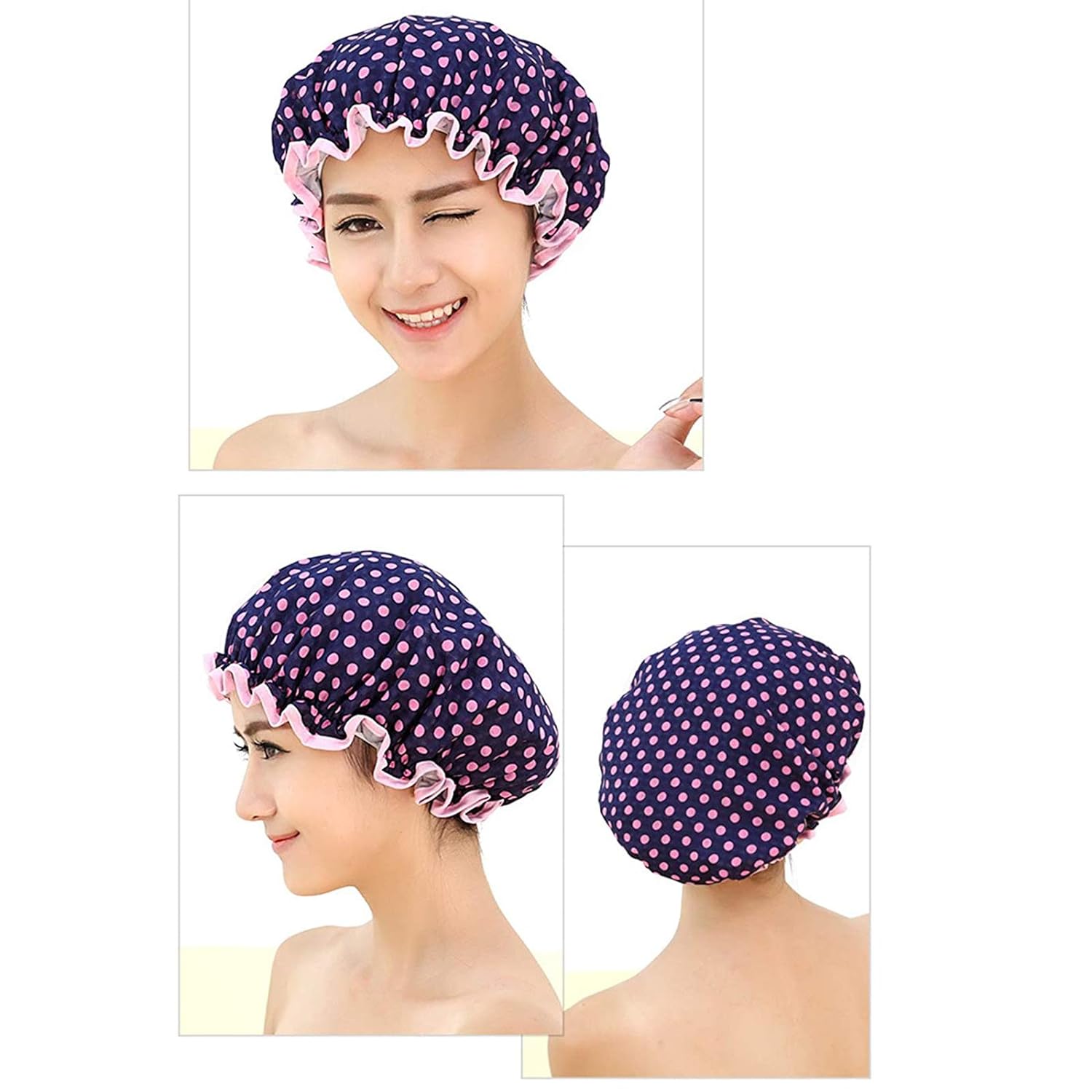 KissDate 3 Packs Double layer Shower Cap Waterproof Elastic Bath Cap for Women Shower Spa Salon