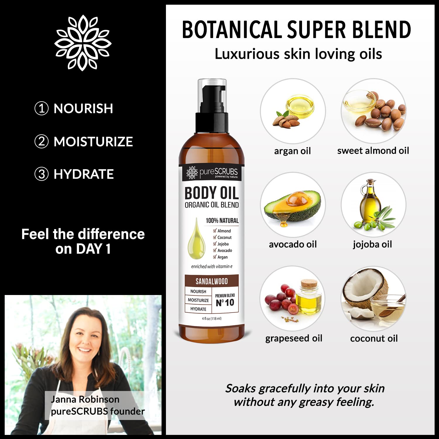 pureSCRUBS Ultra Moisturizing SANDALWOOD BODY OIL Spray For Dry Skin, Massage, Cuticles & More, Organic Blend of Jojoba, Argan, Coconut, Sweet Almond & Avocado Oils Enriched with Vitamin E - Lg 4oz