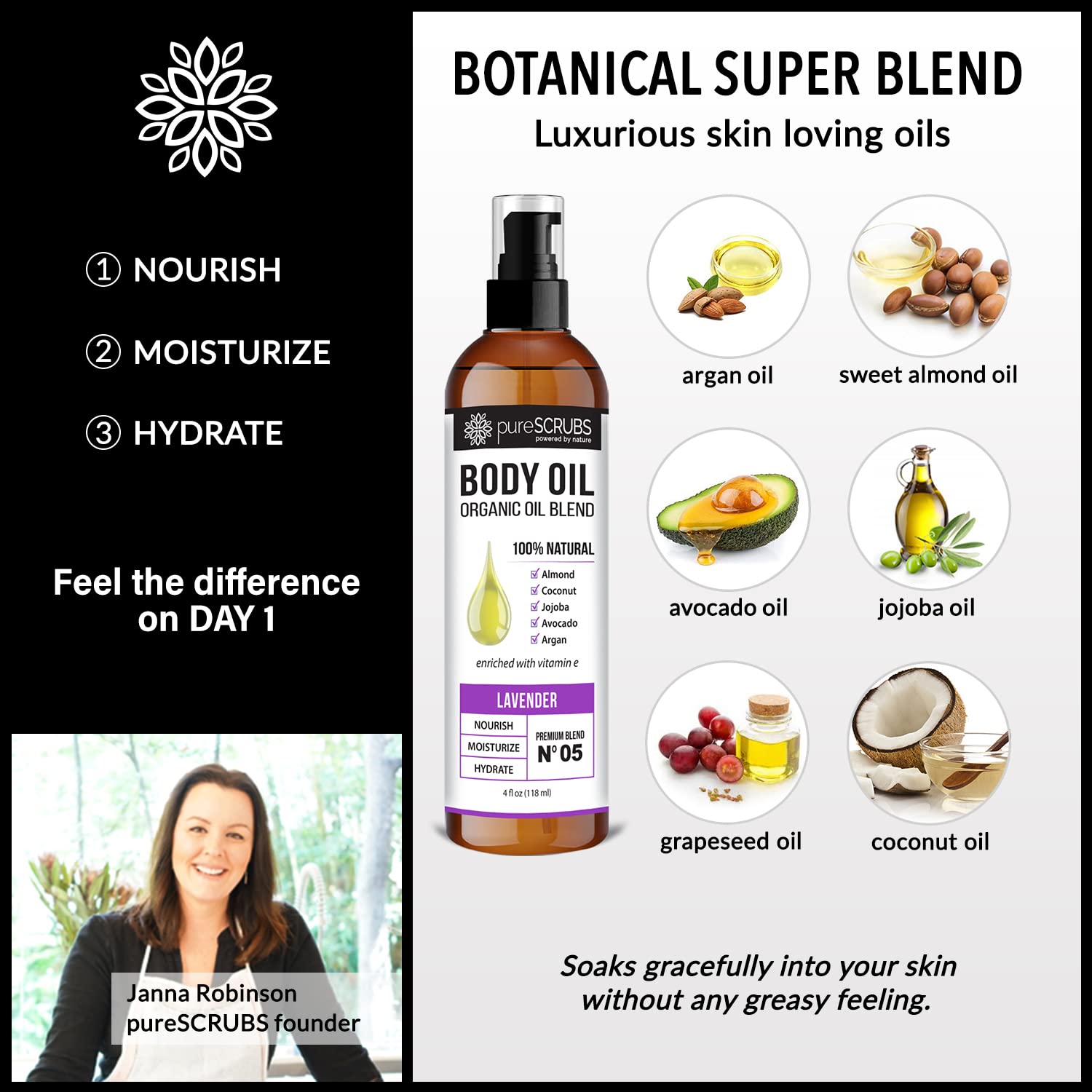 pureSCRUBS Ultra Moisturizing SANDALWOOD BODY OIL Spray For Dry Skin, Massage, Cuticles & More, Organic Blend of Jojoba, Argan, Coconut, Sweet Almond & Avocado Oils Enriched with Vitamin E - Lg 4oz