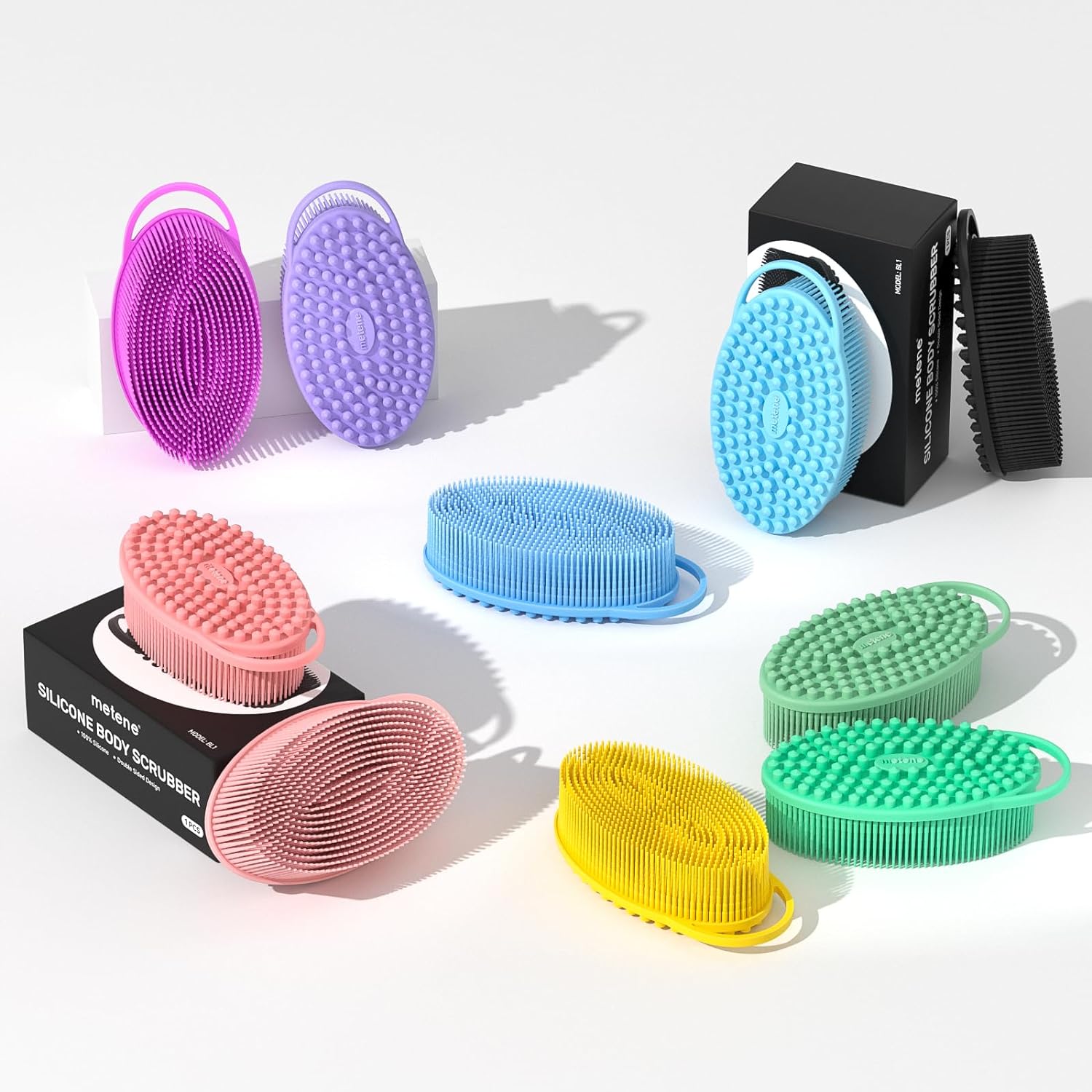 Metene Silicone Body Scrubber, Exfoliating Body Scrubber for Use in Shower,Lathers Well, Long Lasting, Soft Body Scrubber for Shower and Bath Skincare Routine(Black with Loop)