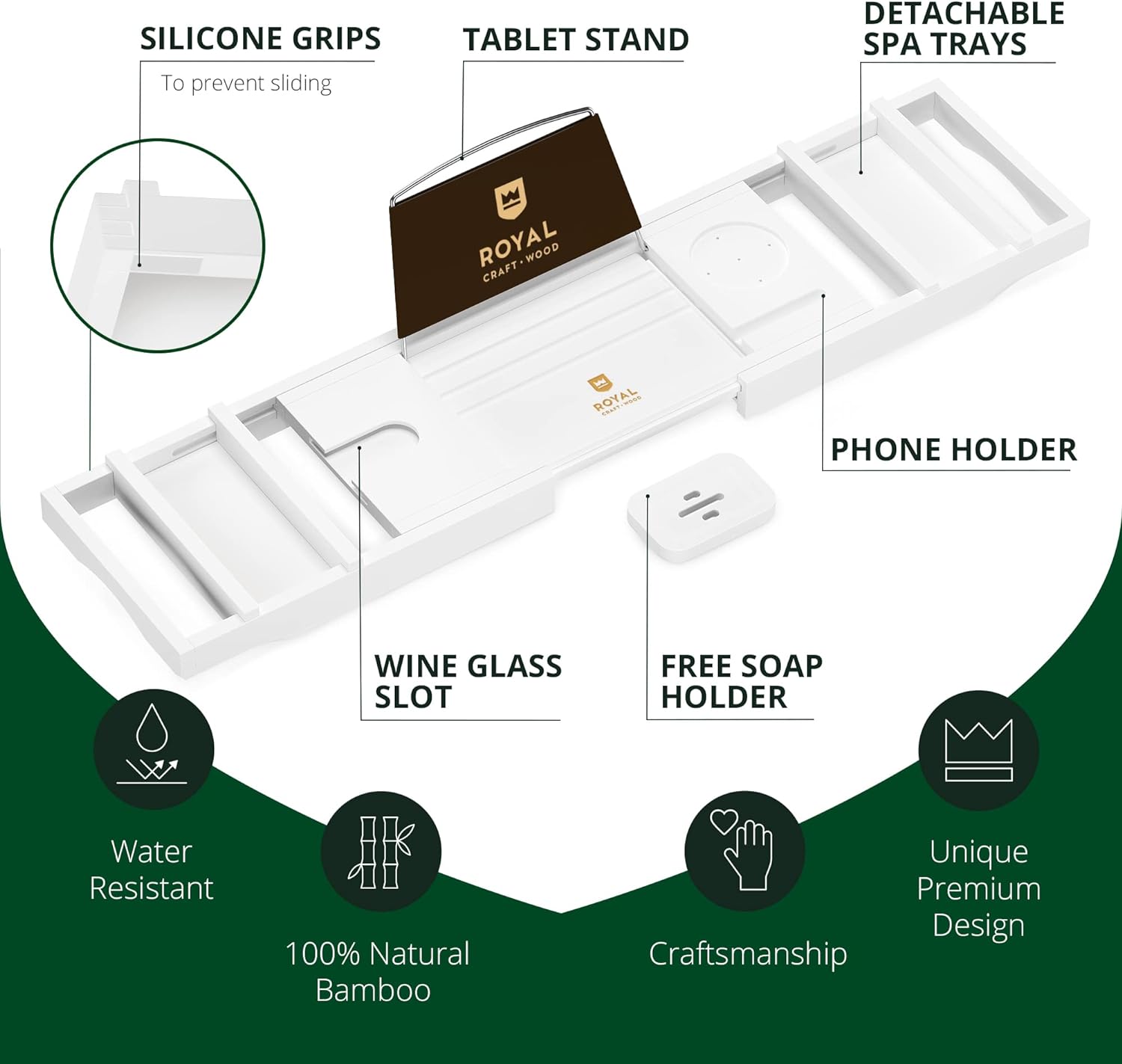 ROYAL CRAFT WOOD Foldable Bathtub Tray Caddy Bamboo Bathtub Tray Expandable, Bath Tub Table Caddy with Extending Sides - Free Soap Dish