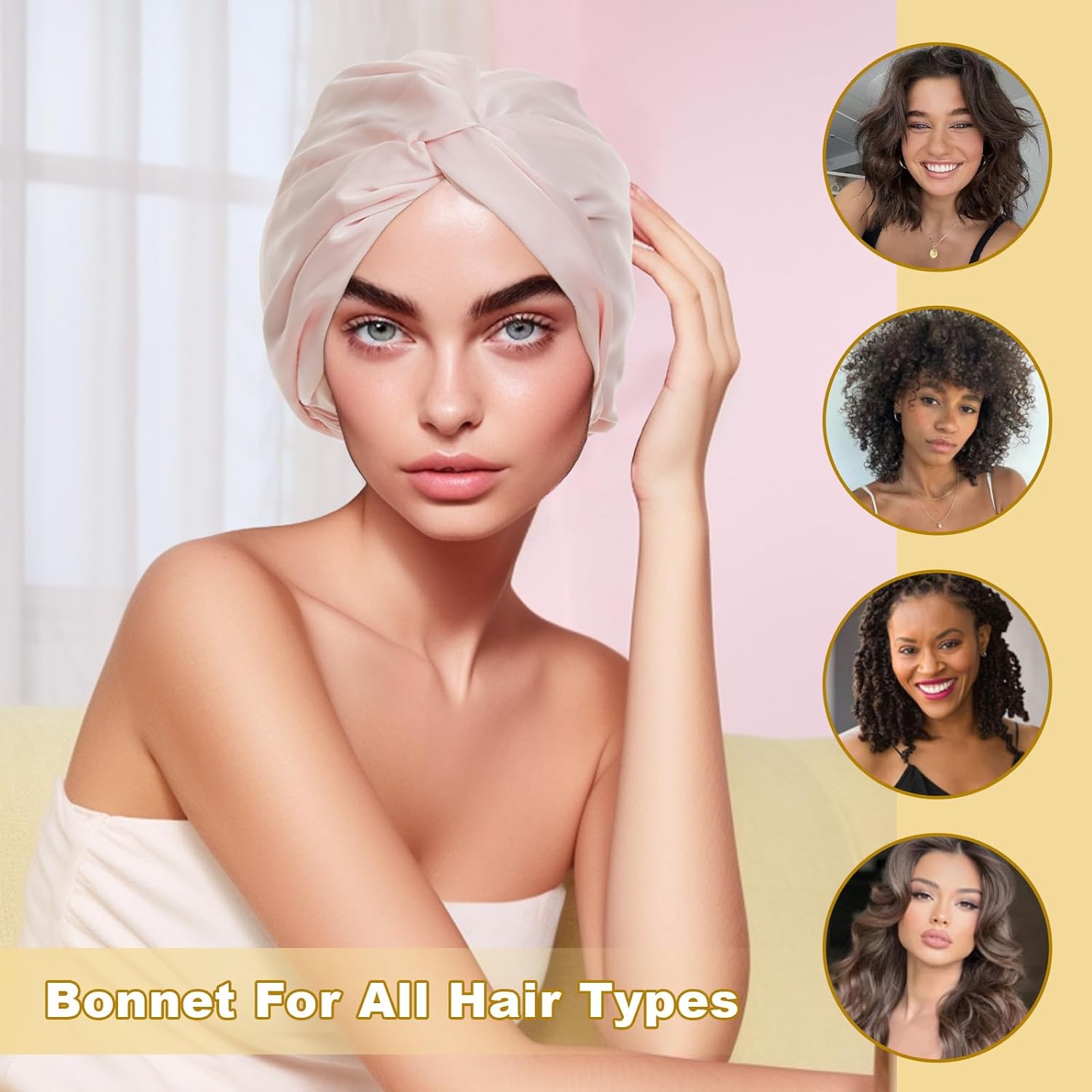 Satin Bonnet Silk Bonnet for Sleeping Women, Double-Layer Silk Hair Wrap with Elastic Band, Adjustable Shower Cap for Curly Straight Long Hair, Pink