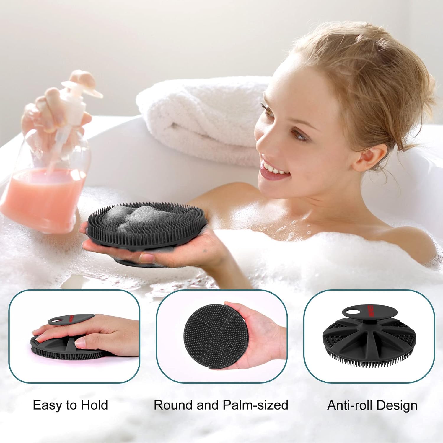 INNERNEED Food-Grade Soft Silicone Body Scrubber Shower Brush Handheld Cleansing Skin Brush, Gentle Exfoliating and Lather Well (Black)