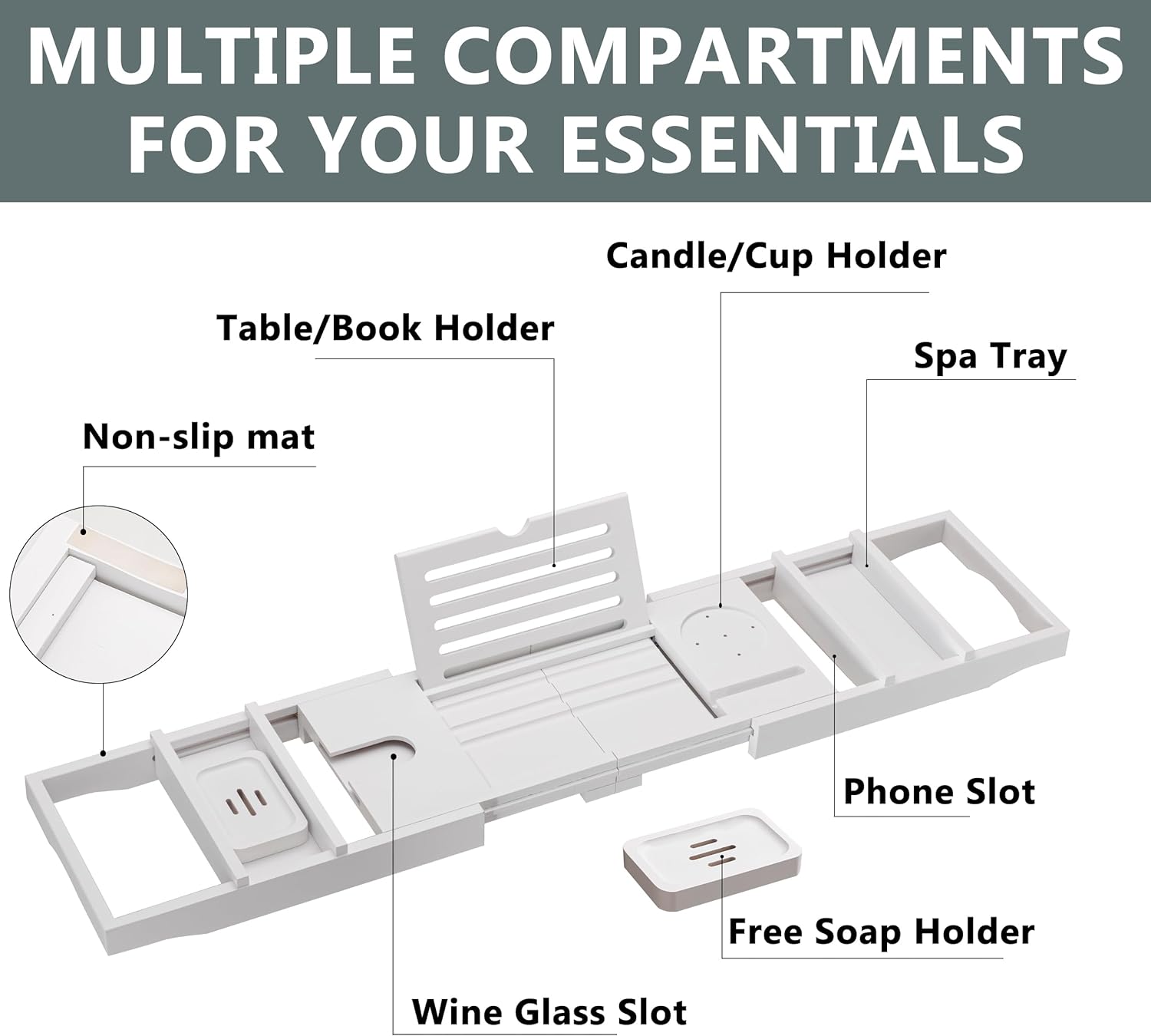 HBlife Bathtub Caddy Tray Foldable Bamboo Bath Table Tray with Book and Wine Glass Holder, Expandable Bathroom Accessories