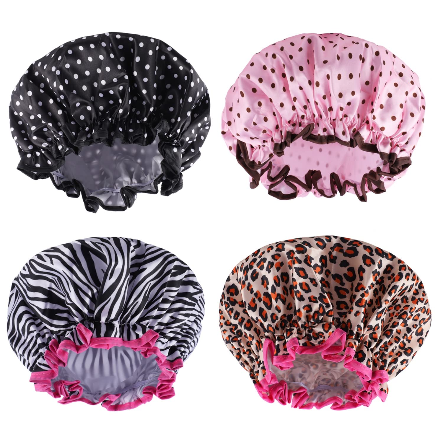 4 Pcs Reusable Shower Cap, Waterproof Shower Cap Elastic Double Layers Shower Hat Bath Caps for Women
