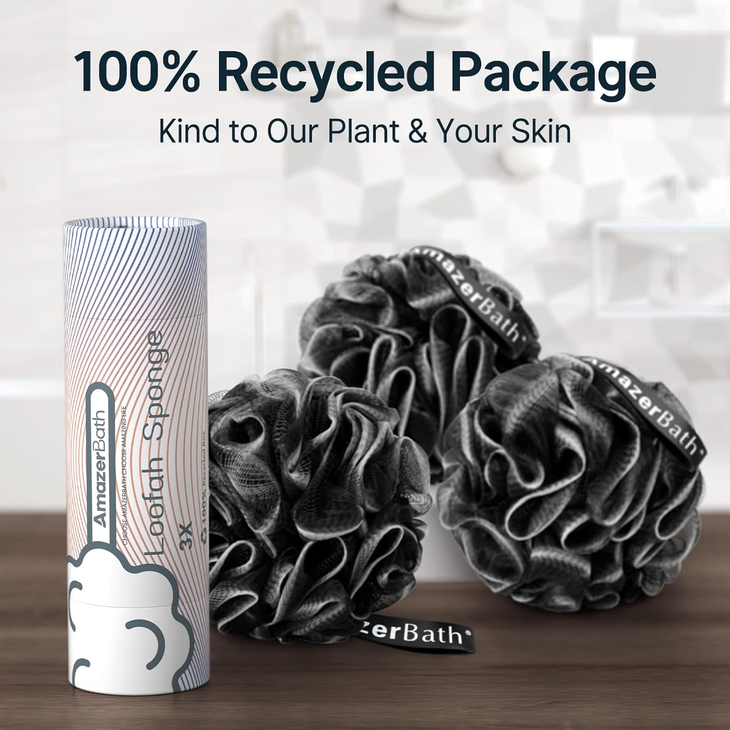 AmazerBath Loofah Sponge, Shower Loofah for Men and Women - Body Scrubber Loofa Set of 3 Classic Black & White Edge, Bath Sponge 60g/PCS