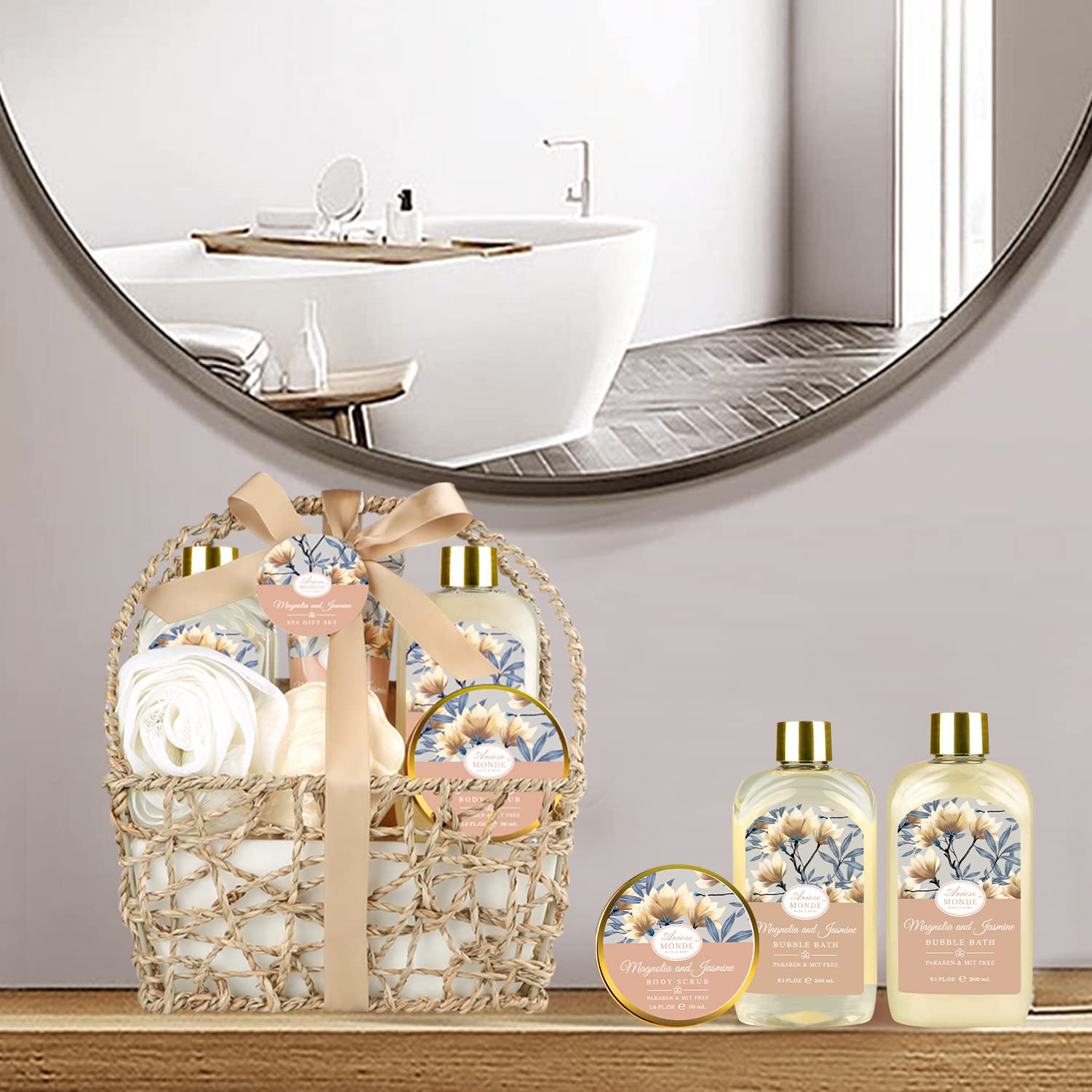 Home Spa Gift Basket, Bath Spa Kit for Women, with Body Lotion, Shower Gel, Bubble Bath, Body Scrub, Bath Salt, Bath Bomb, Bath Gift Set for Mother, Wife Her, with Magnolia and Jasmine Scent