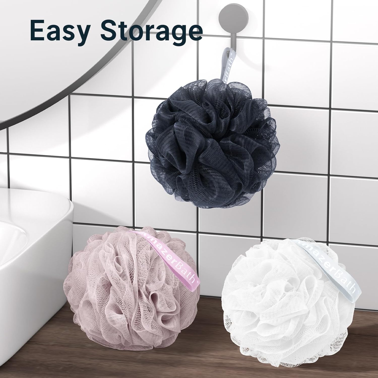 AmazerBath Loofah Sponge, Shower Loofah for Men and Women - Body Scrubber Loofa Set of 3 Classic Black & White Edge, Bath Sponge 60g/PCS