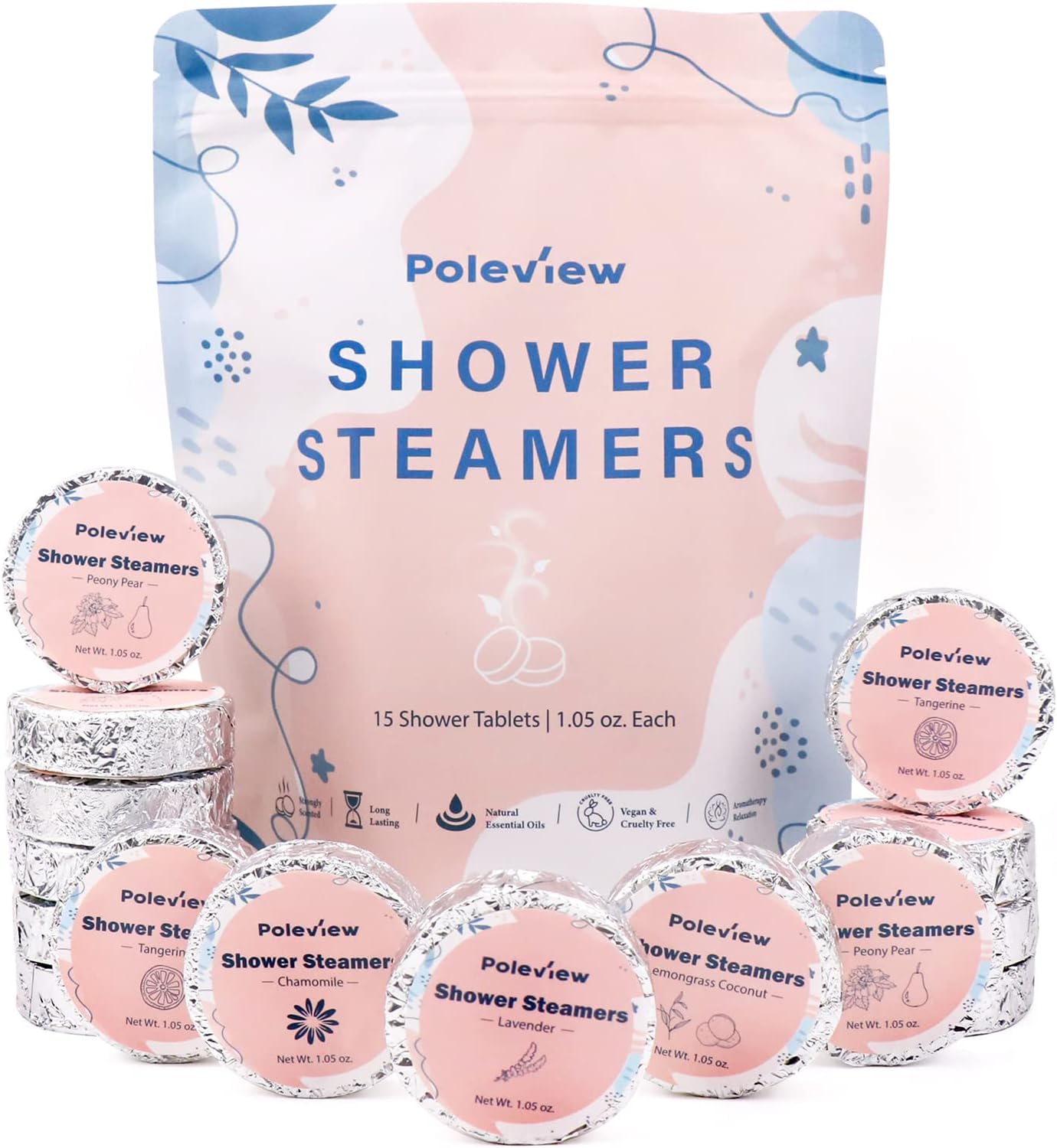Poleview Shower Steamers Aromatherapy, Variety Pack of 15 Shower Bombs with Essential Oil for Home SPA, Relaxation, Meditation and Calming - Stress Relief and Self Care Gifts Set for Women and Men