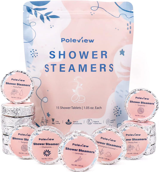 Poleview Shower Steamers Aromatherapy, Variety Pack of 15 Shower Bombs with Essential Oil for Home SPA, Relaxation, Meditation and Calming - Stress Relief and Self Care Gifts Set for Women and Men