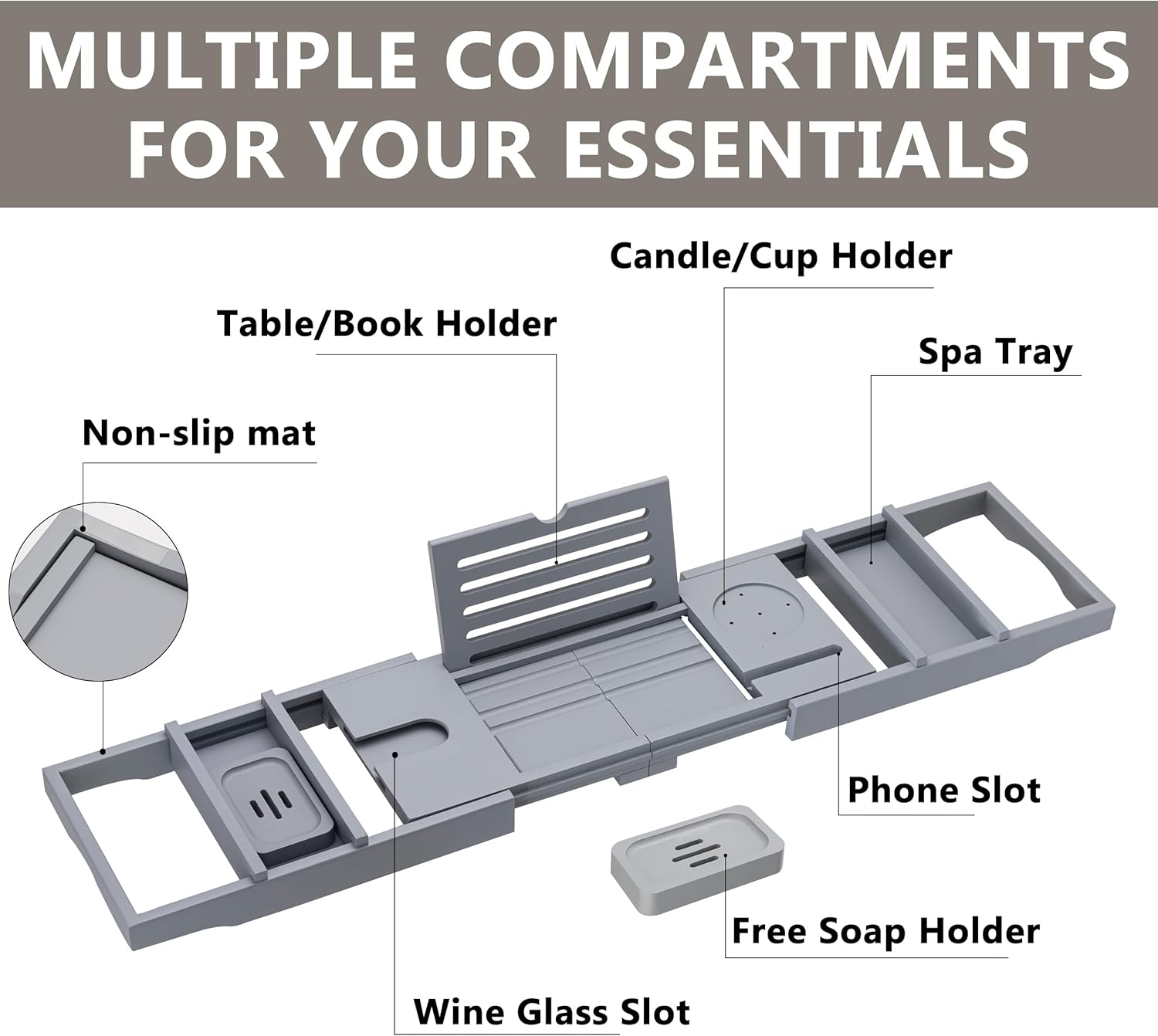 HBlife Bathtub Caddy Tray Foldable Bamboo Bath Table Tray with Book and Wine Glass Holder, Expandable Bathroom Accessories