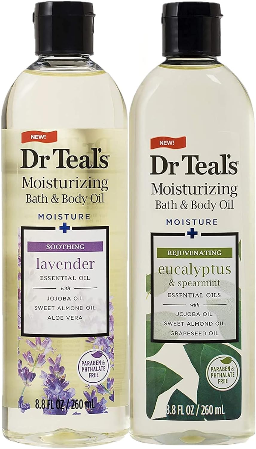 Dr. Teals Bath & Body Oil Variety Gift Set (2 Pack, 8.8oz Ea.) - Soothing Lavender & Rejuvenating Eucalyptus & Spearmint - Essential Oils Hydrate Skin & Alleviates Daily Stress