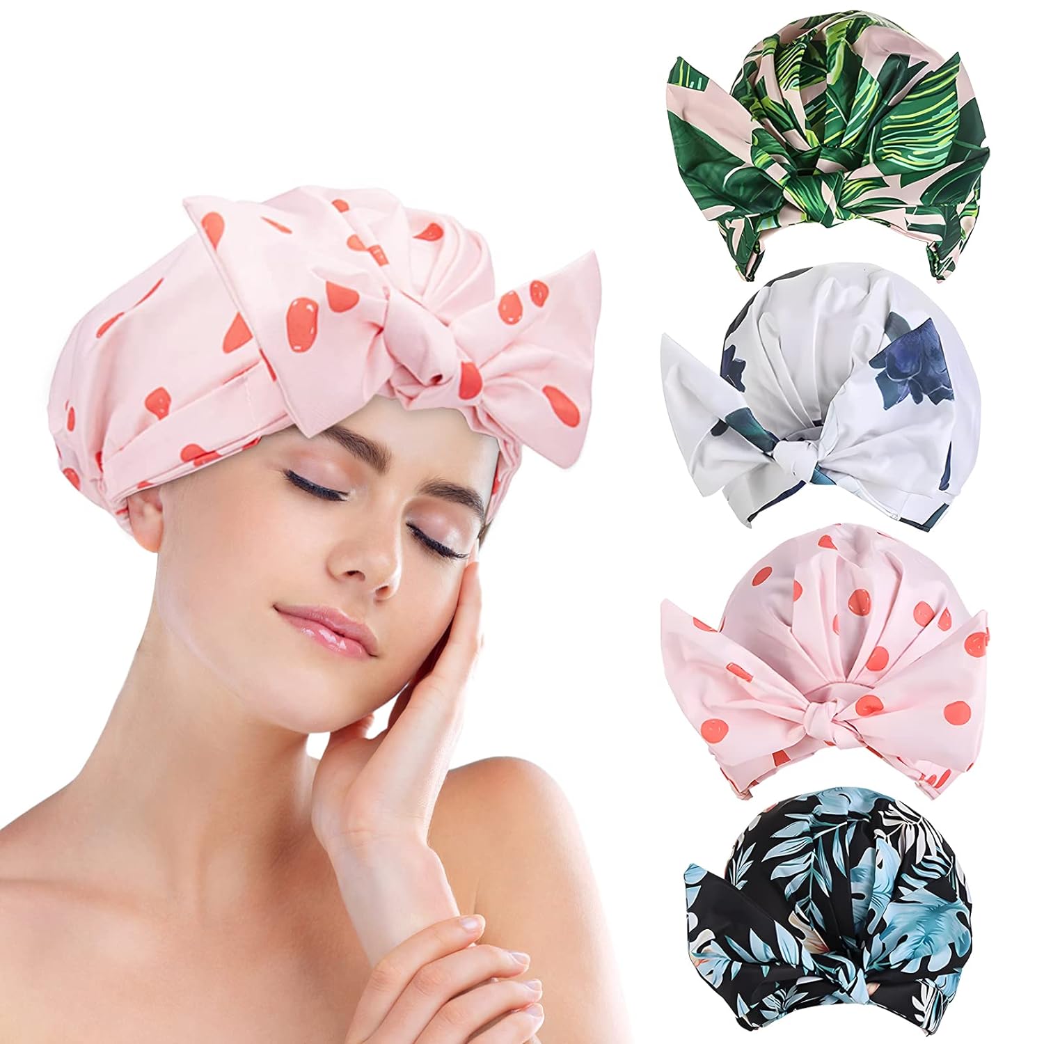 YAJCAJO Shower Cap, Cotton Lining, Keeps Hair Dry, 4 Pieces Waterproof Shower Cap, Reusable Bath Shower Caps for Women Long Hair