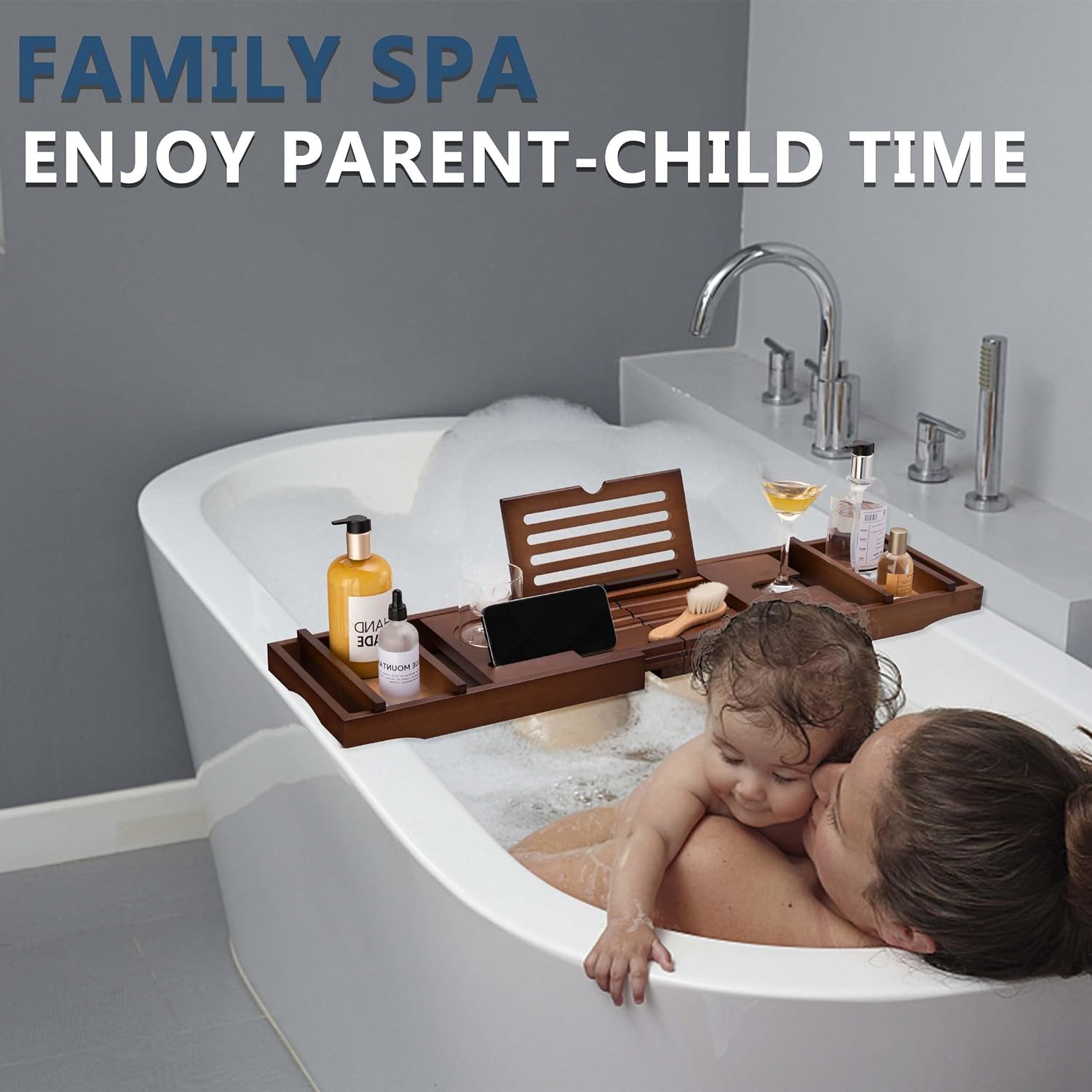 HBlife Bathtub Caddy Tray Foldable Bamboo Bath Table Tray with Book and Wine Glass Holder, Expandable Bathroom Accessories