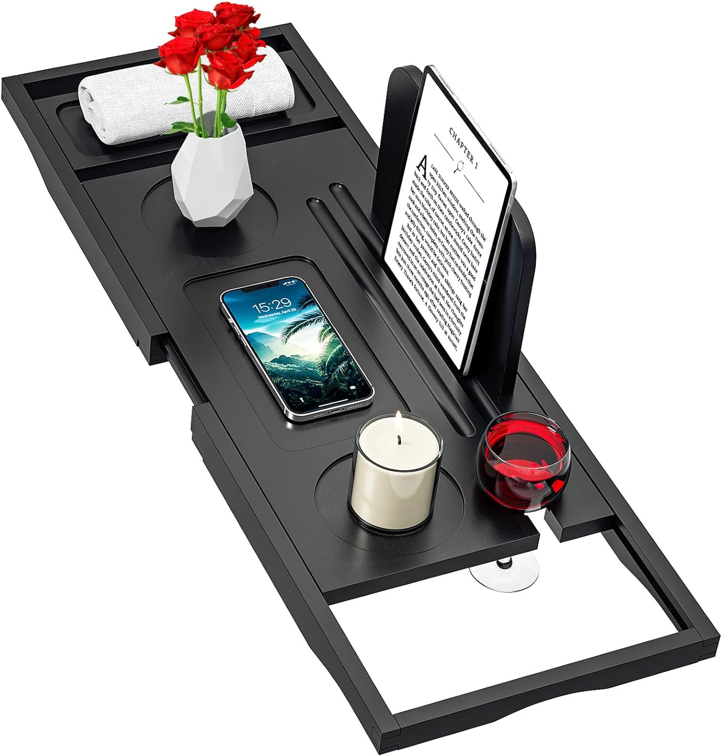 Premium Bathtub Tray Caddy - Bath Tray Bamboo Expandable - Bath Tub Tray Table for Bathtub - Expandable Size, Fits Most Bath Tubs