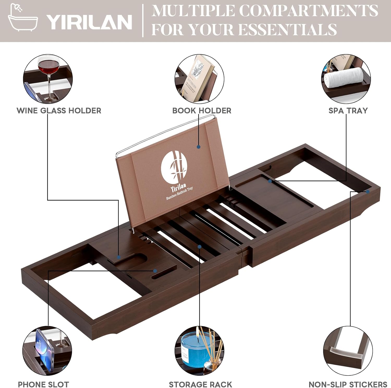 Yirilan Premium Bathtub Tray Caddy - Expandable Bath Tray - Unique House Warming Gifts, New Home, Anniversary & Wedding Gifts for Couple, Bridal Shower Gift for Women