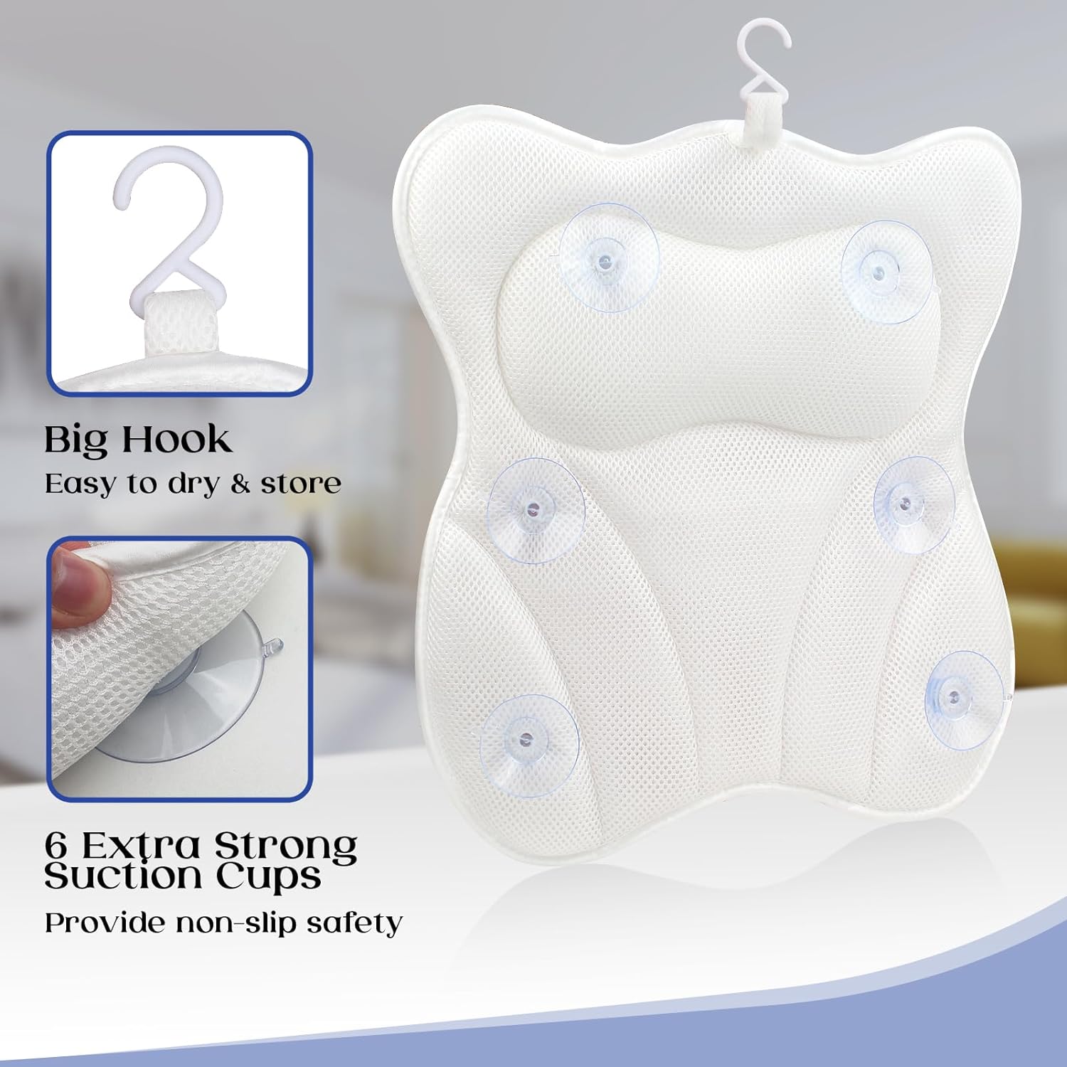 Bath Pillow for Tub Neck and Back Support Bathtub Pillow Essential Bath Accessory for Soaking, Jacuzzi or Spa Bathtub, Luxury Soft 4D Bath Tub Pillow with Strong Suction Cups for Body Relaxing - White