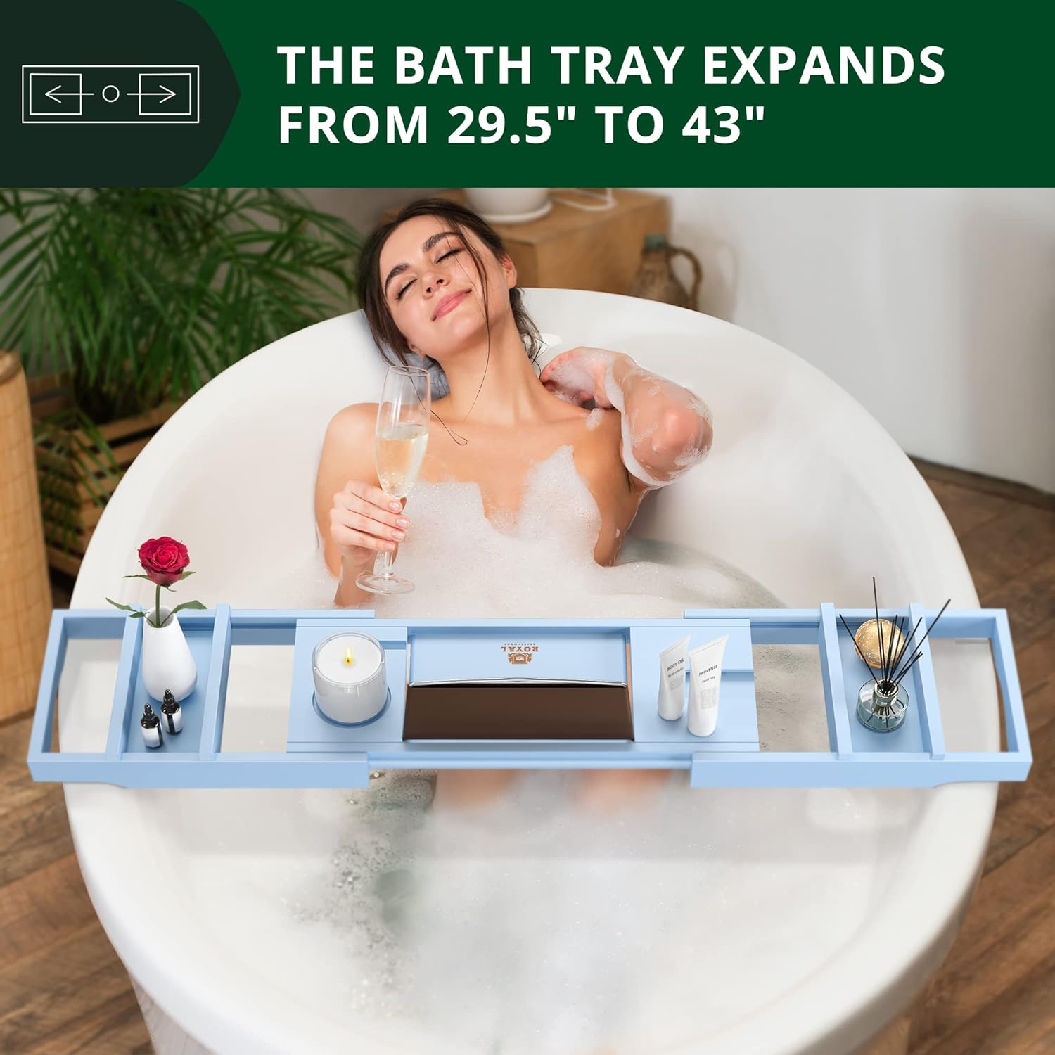 ROYAL CRAFT WOOD Foldable Bathtub Tray Caddy Bamboo Bathtub Tray Expandable, Bath Tub Table Caddy with Extending Sides - Free Soap Dish