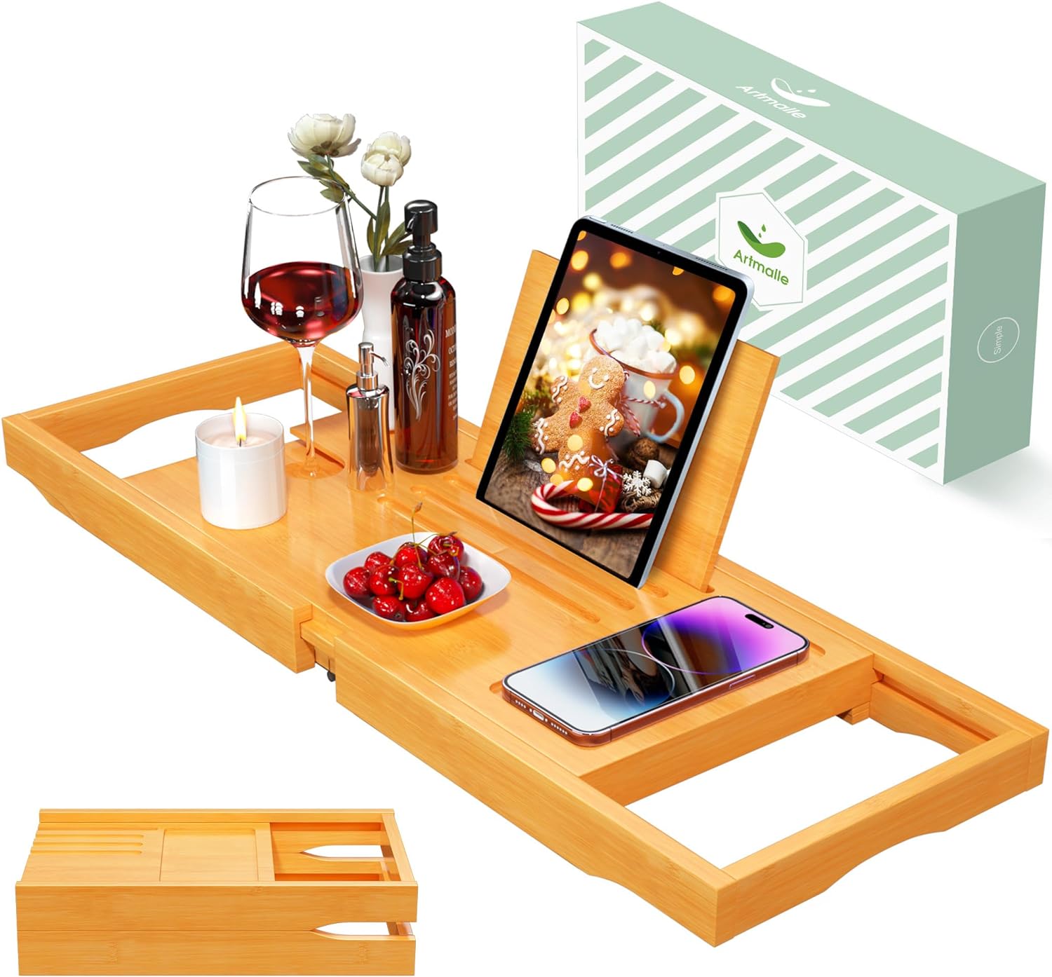 Artmalle Bathtub Caddy Tray for Tub,Foldable Bamboo Bath Table Tray with Book and Wine Glass Holder, Expandable Bathroom Accessories with Free Soap Dish Suitable for Luxury Spa or Reading