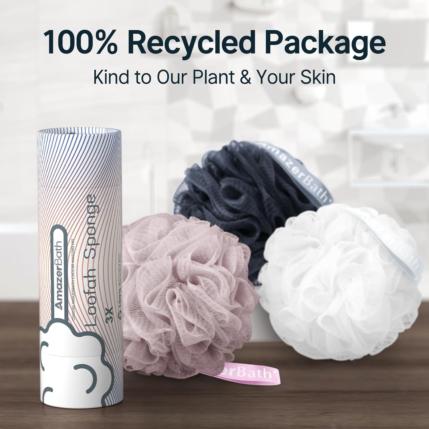 AmazerBath Loofah Sponge, Shower Loofah for Men and Women - Body Scrubber Loofa Set of 3 Classic Black & White Edge, Bath Sponge 60g/PCS