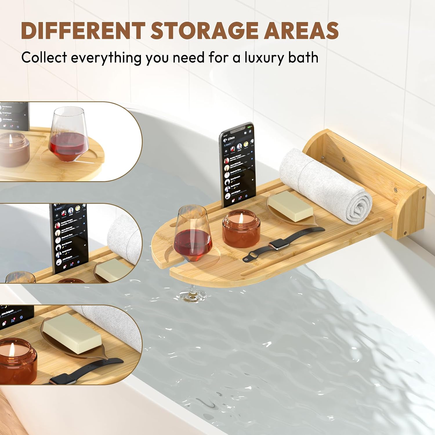 Yumkfoi Foldable Bathtub Side Tray with Adjustable Height, Bamboo Bath Table for Tubs Against Wall, Liftable Tub Caddy Shelf for Luxury Bath Spa and Gift Idea - Patent Protected (Non Freestanding)