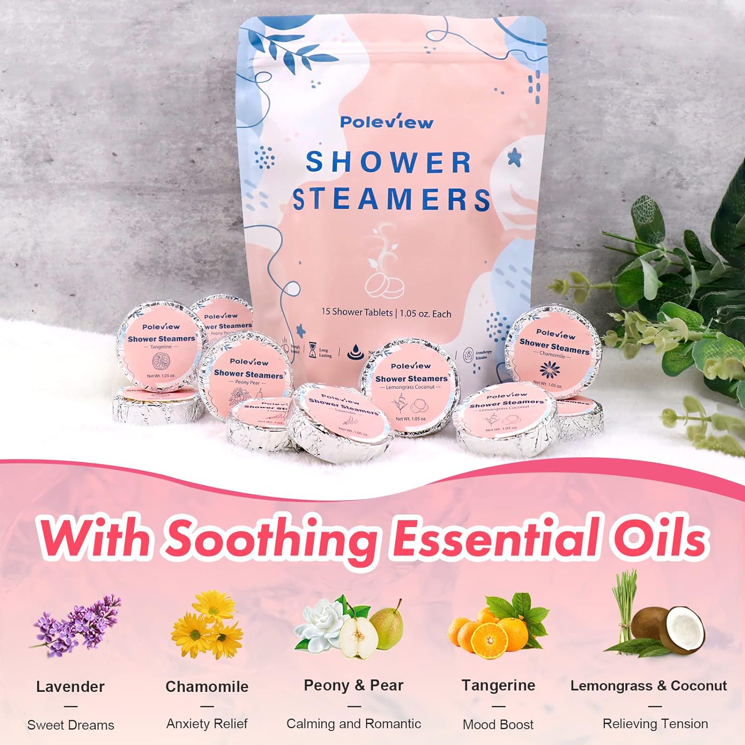 Poleview Shower Steamers Aromatherapy, Variety Pack of 15 Shower Bombs with Essential Oil for Home SPA, Relaxation, Meditation and Calming - Stress Relief and Self Care Gifts Set for Women and Men