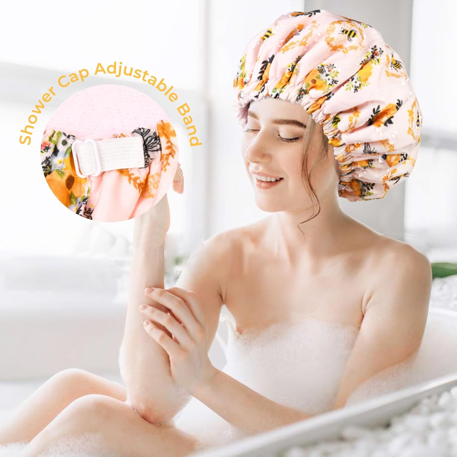 Shower Cap for Women Terry Lined Bath Cap Large Reusable Waterproof Elastic Band Pink Shower Caps for Long Thick Hair Soft Bath Shower Hair Caps