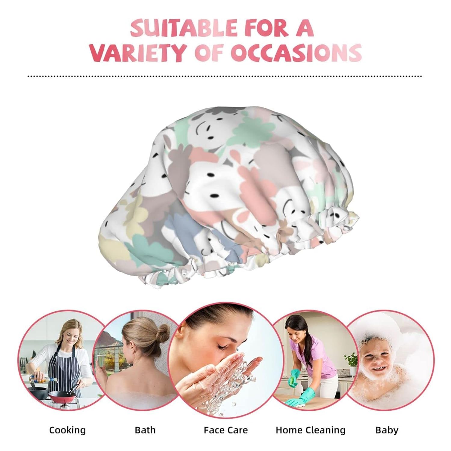 sheep cartoon pattern Shower Cap Reusable Bath Hair Cap Double Layer Waterproof Bathing Shower Hat for Ladies, Men, Kids, Spa or Salon