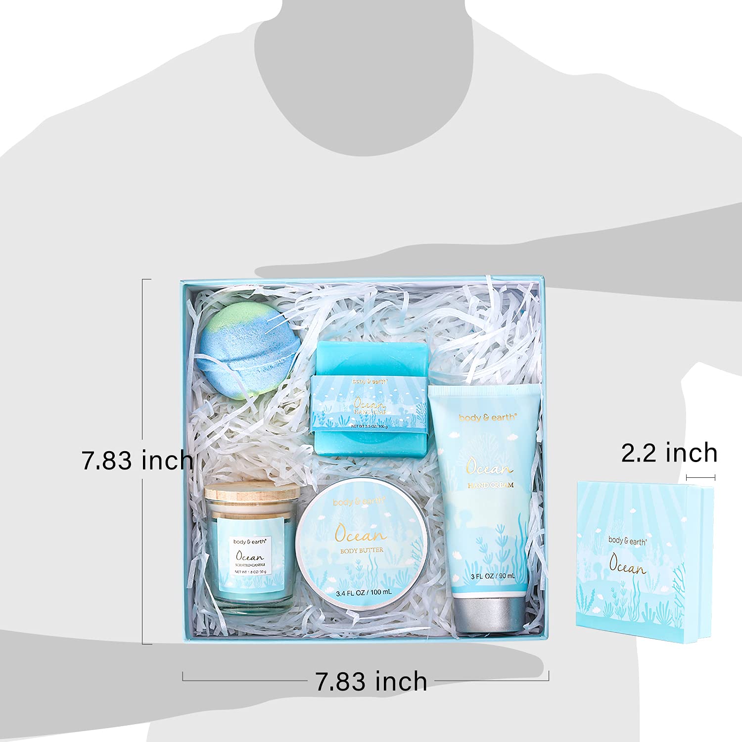 Gifts for Women, Bath Set with Ocean Scented Spa Gifts for Her, Includes Scented Candle, Body Butter, Hand Cream, Bath Bar and Bomb, 5 Pcs Bath Gift Sets, Gifts Set for Women, Valentine's Day Gifts