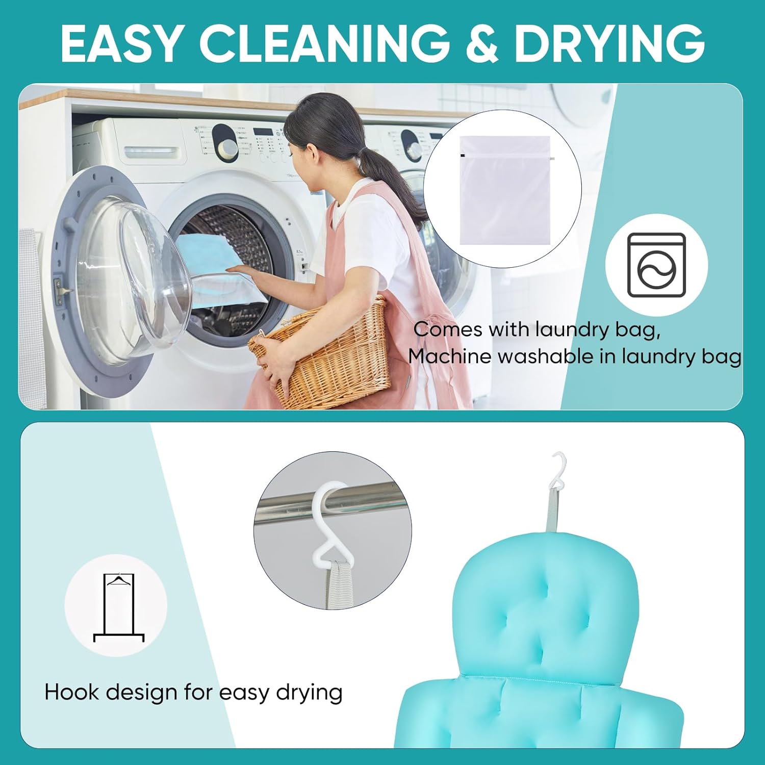 Full Body Bath Pillow, Bath Pillows for Tub with Powerful Non-Slip Suction Cups and Mesh Laundry Bag, Thick Bathtub Pillow for Head Neck and Back Support, Quick Drying & 3D Air Mesh, Blue