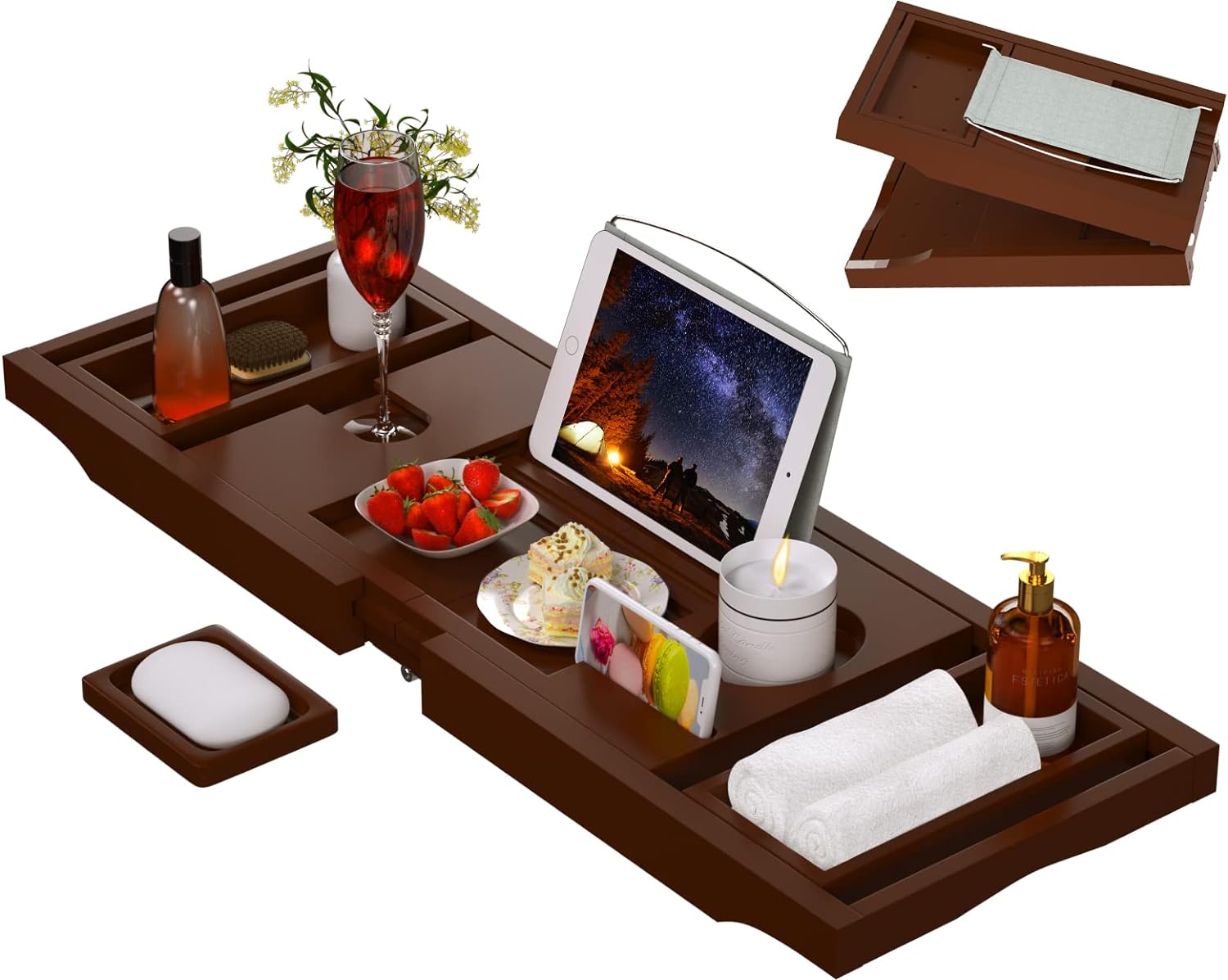 Artmalle Bathtub Caddy Tray for Tub,Foldable Bamboo Bath Table Tray with Book and Wine Glass Holder, Expandable Bathroom Accessories with Free Soap Dish Suitable for Luxury Spa or Reading