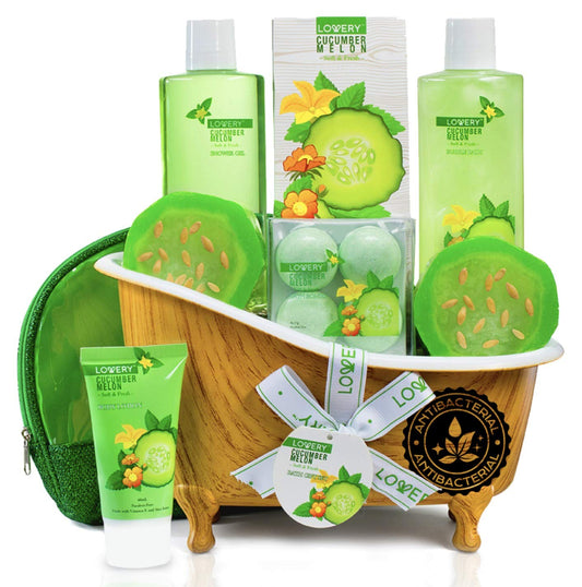 Valentines Day Gifts, Home Spa Bath Basket Gift Set - Aromatherapy Kit for Men & Women - Natural Cucumber with Organic Melon - 12 Piece Skin Care Set Includes 2 Organic Melon Soaps, Body Lotion & More