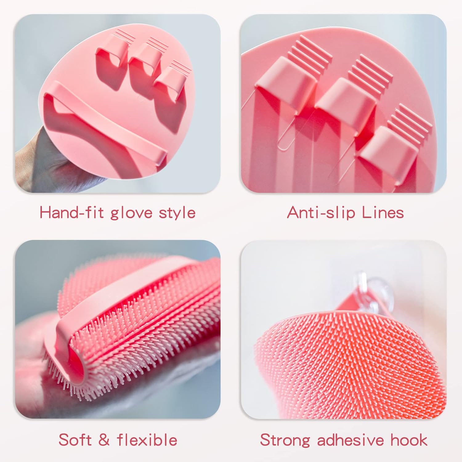 Manmihealth Silicone Back Scrubber(Thick Bristles) & Soft Bath Glove Set, Super-Exfoliating Body Scrubber & Super-Lathering Shower Brush Combination, with a Free Hook.(Black)