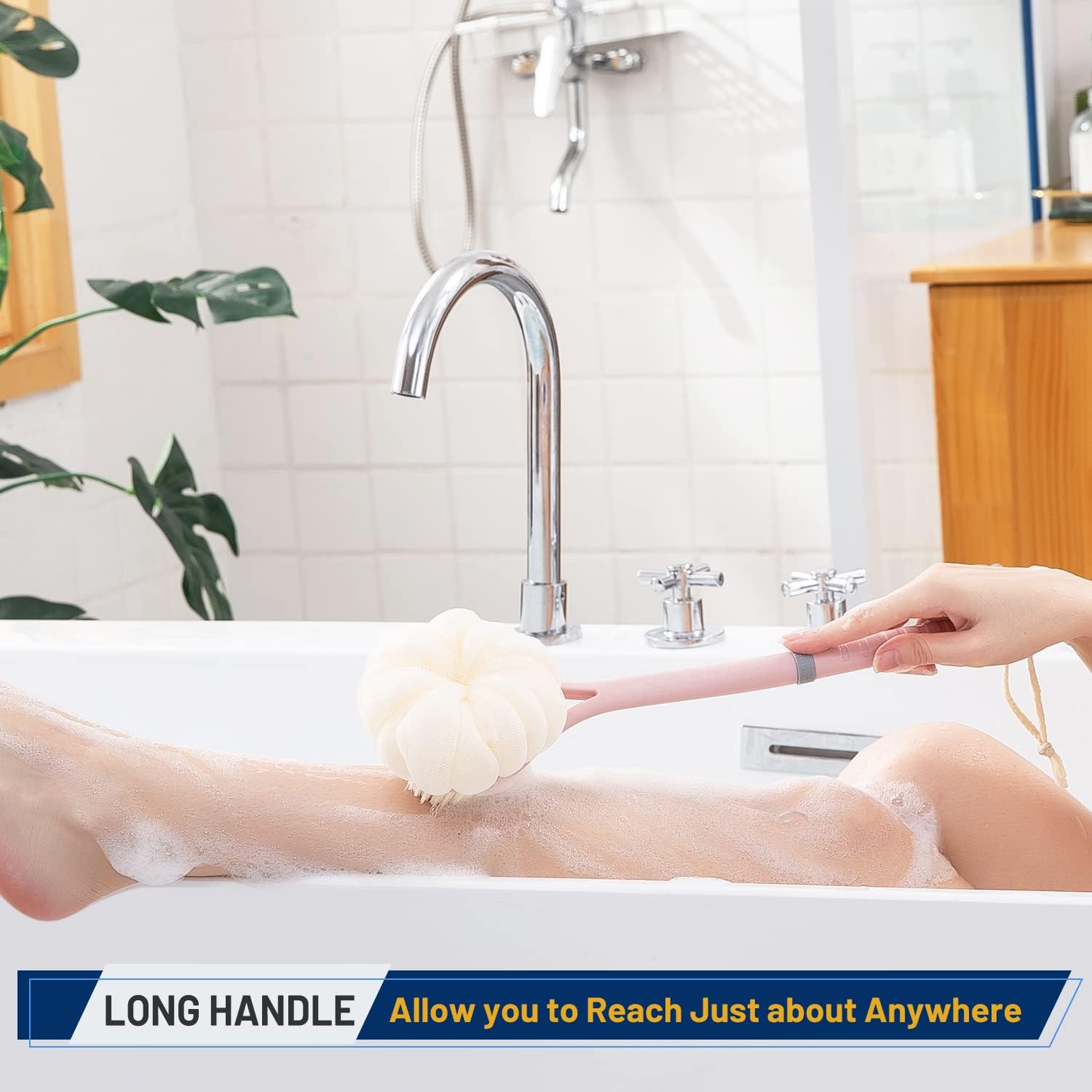 Shower Body Brush,Soft Bristles and Beautiful Pumpkin Loofah 14” Long Handle Back Scrubber Bath Mesh Sponge for Skin Exfoliating Bath,Massage Bristles Suitable for Wet or Dry,Men and Women (Grey)