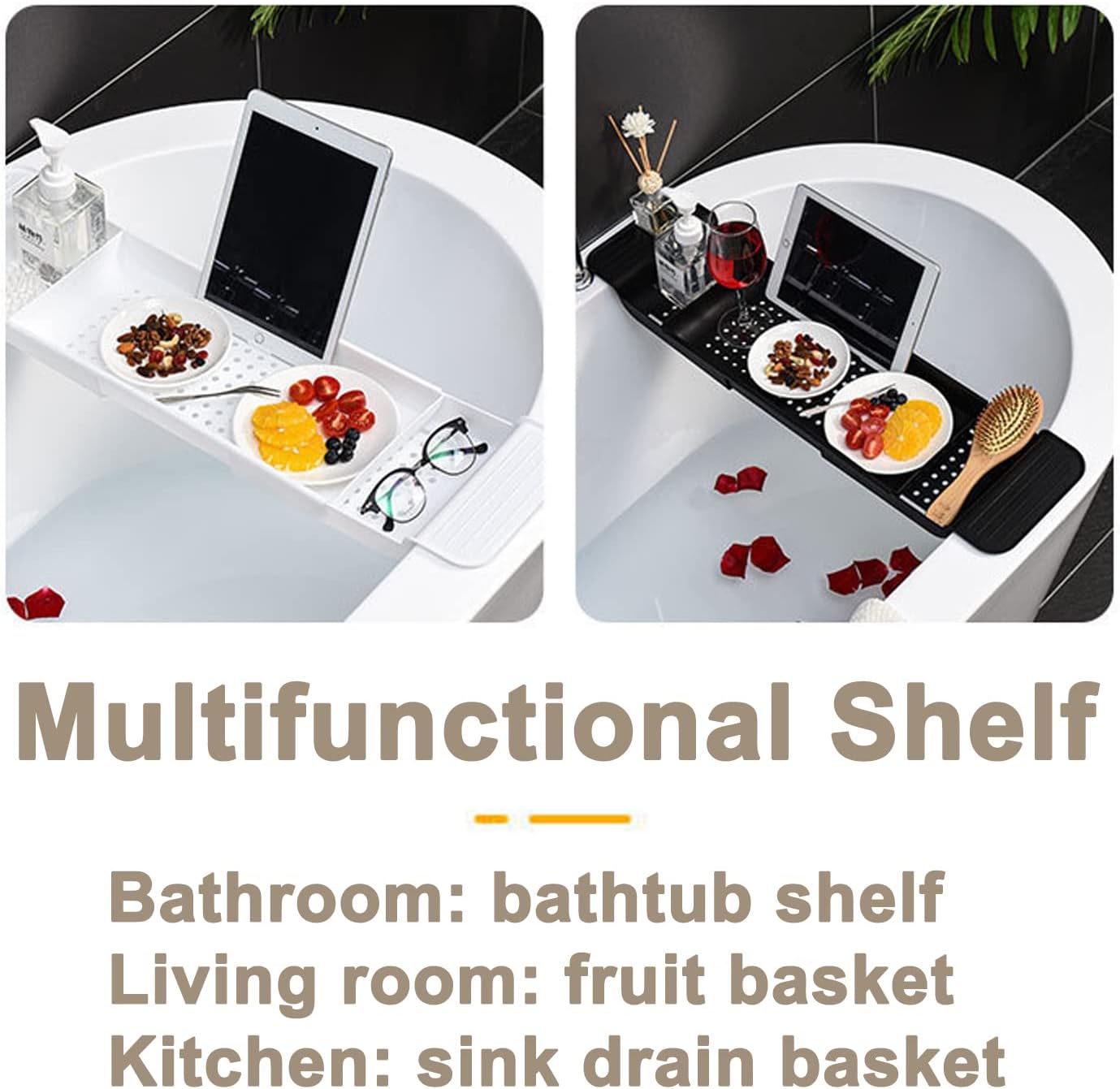 Expandable Drain Bath Shelf Caddy Tray, Multifunctional Plastic Bathtub Tray Bathroom Organizer Simple Stylish Bathtub Storage Rack for Candle Towel, Book, Wine, Phone, Shower (Grey - 1pcs)