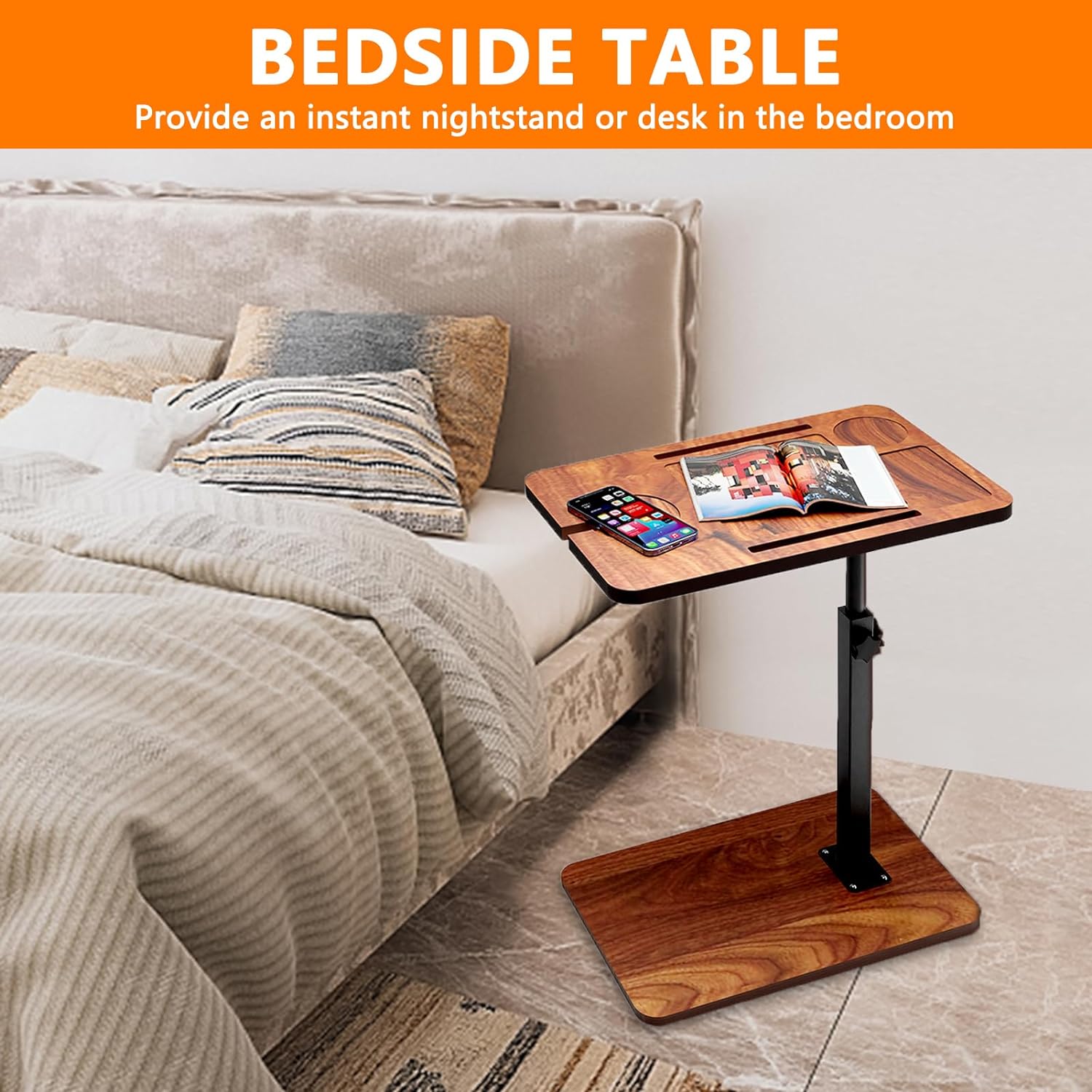 Bathtub Caddy Tray Table with Adjustable Height, Freestanding Bath Caddy Tray with Reading Rack, Tablet Holder, Cellphone Tray and Wine Glass Holder, Organizer Tray-A