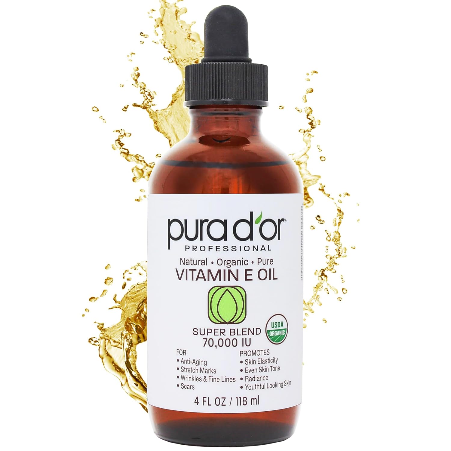 PURA D'OR Organic Vitamin E Oil Blend 70,000 IU (4oz / 118mL) 100% Natural Hexane Free, Sweet Almond, Apricot, Jojoba, Argan, Rosehip, Sunflower & Avocado Bath Oil for Scars, Skin, Face & Full Body