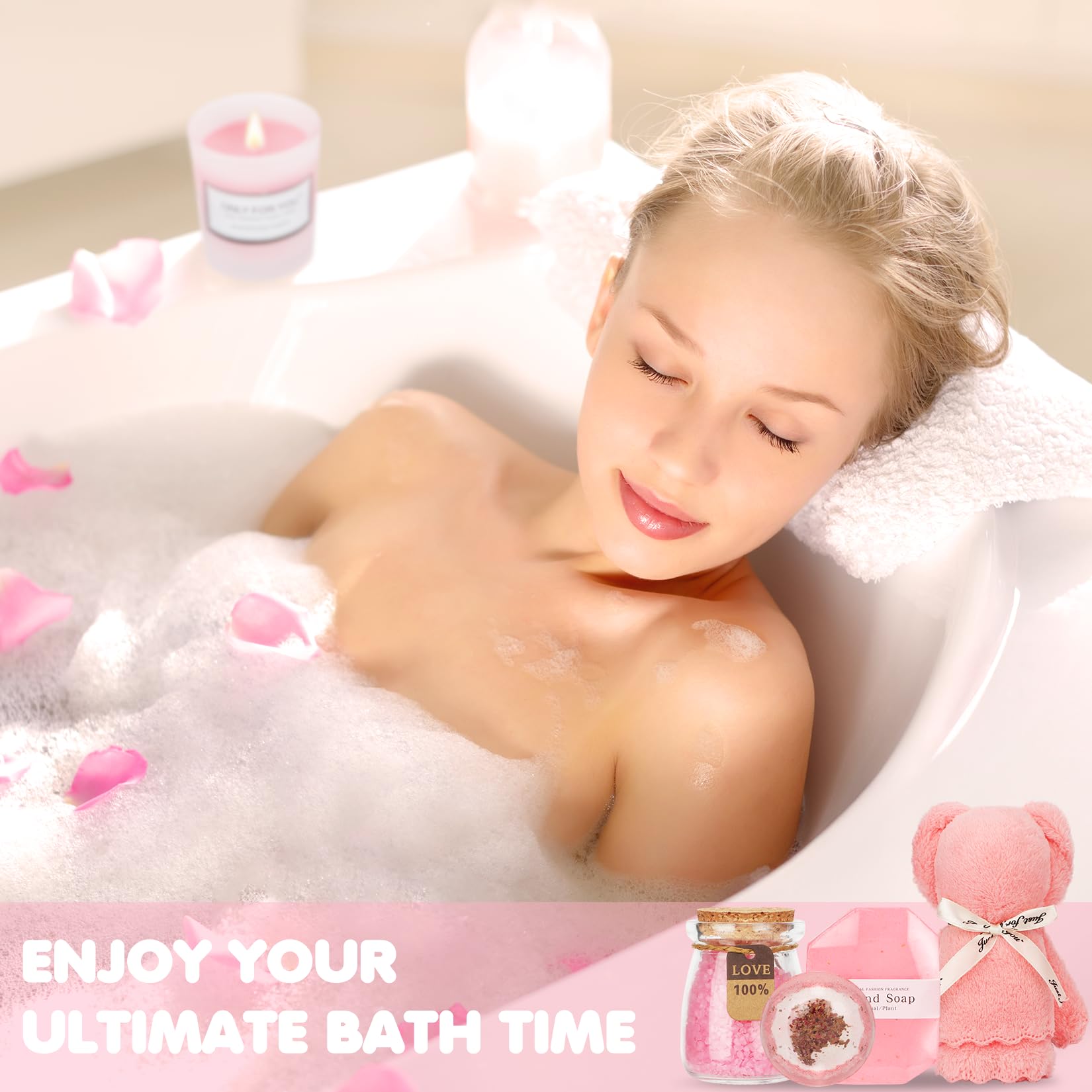 HOAI 21 Birthday and Get Well Gifts for Women - Relaxing Spa Care Package With Luxury Flannel Blanket, Light-Up Rose Flower - Unique Self Care Gift Basket for Mom, Wife, Friends