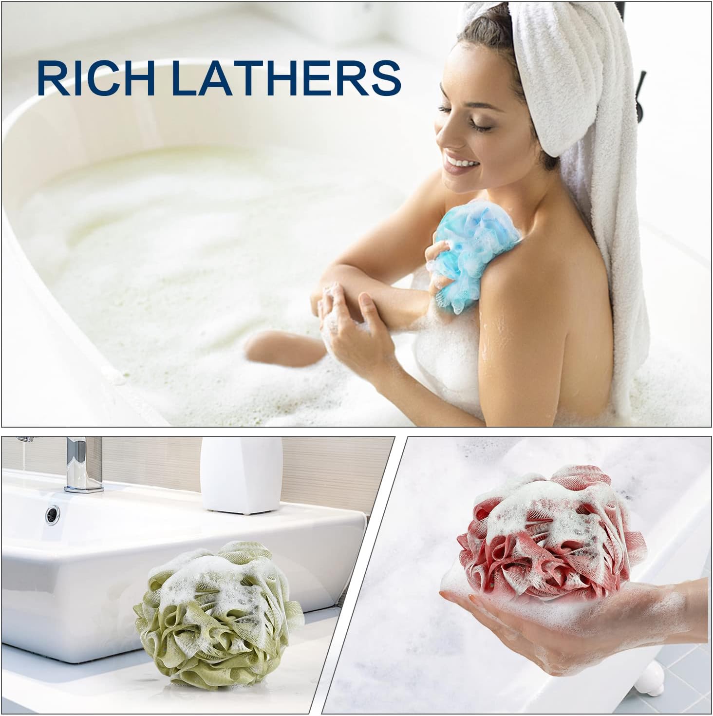 Yoget Charcoal Bath Loofah Sponge, 4 Pack Black 60G Large Shower Mesh Ball Soft Pouf Body Scrubber, Exfoliate, Cleanse, Soothe Skin, Black Loofah with White Trim