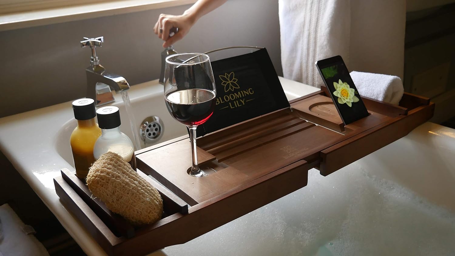 Blooming Lily Sturdily Designed Bath Tray with Wine Glass Holder, Ipad Stand and More Suitable for Most Baths (Natural)